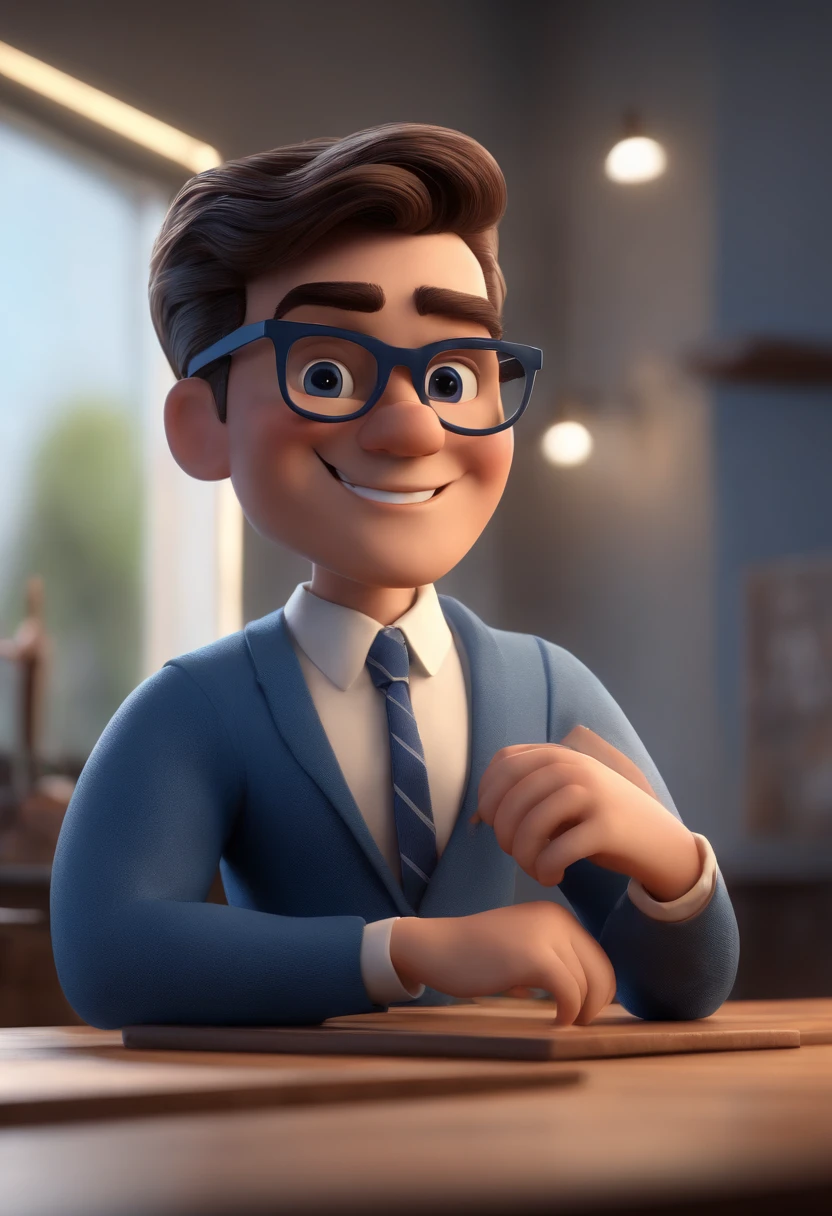 Cartoon character of a man with black glasses and a blue shirt, animation character, Caractere estilizado, animation style rendering, 3D estilizado, Arnold Maya render, 3 d render stylized, toon render keyshot, Personagem 3D, Personagem 3D, 3d rendering stylized, 3 d character render, personagem de desenho animado, Personagem de close up, Pose de personagem,  (Estilo Pixar) (master part:1.2) (Bokeh) (best quality) (pele detalhada) (textura detalhada) (8k) (argila) (Cinematic lighting) (foco nítido
