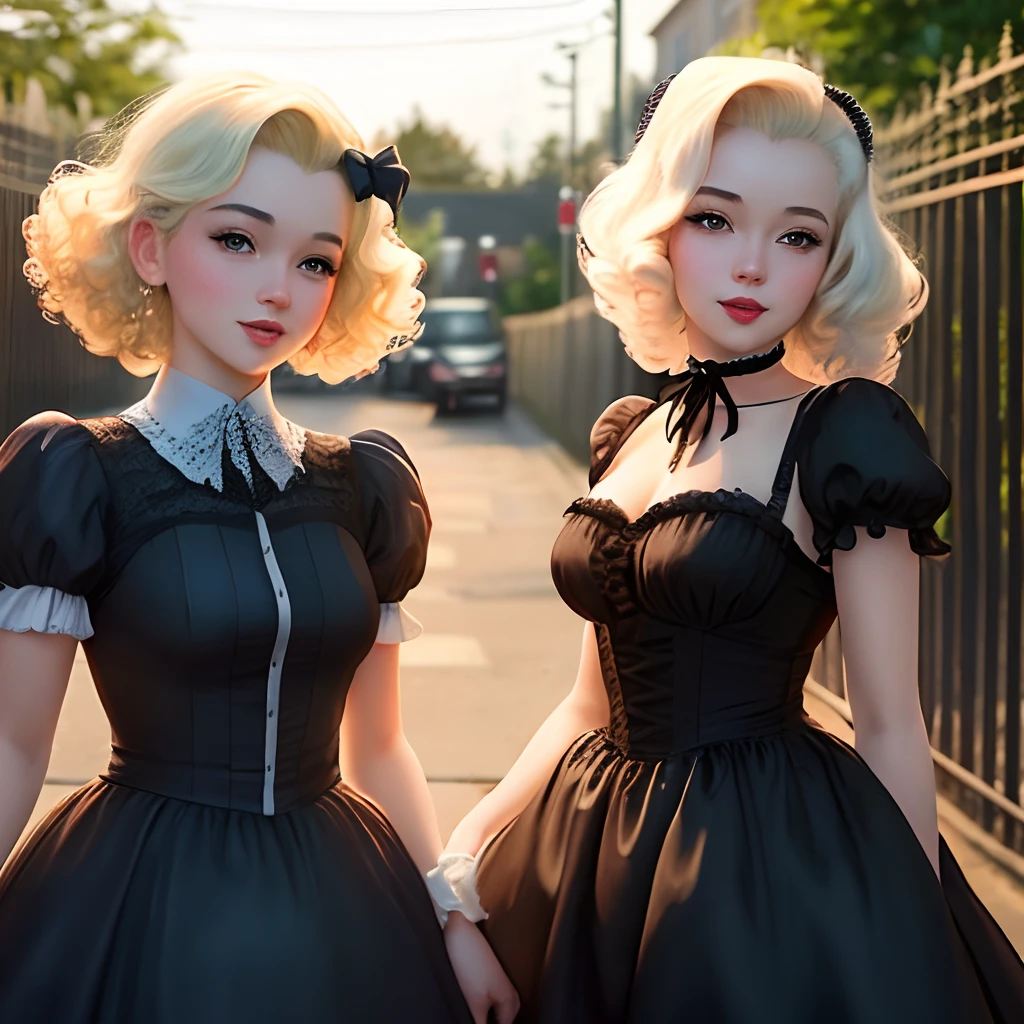 A Light Skinned Girl with a Marilyn Monroe Moe near her face , She's wearing a Gothic ta dress and a girl-like pose , she has dark curly hair with curly bangs and she's near a school Gate.