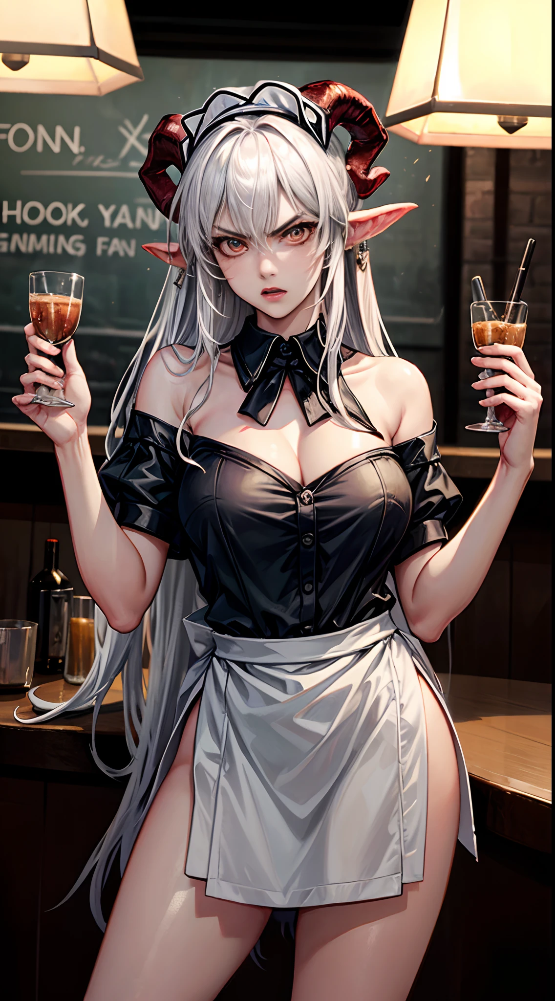 (working in a bar as waitress, wearing waitress dress:1.3), (feeling angry:1.3), female devil with the horns, fire as background, White color hair, Off-the-shoulder attire, masterpiece, (high detail, high quality:1.2), Rough face, seductive, sexy pose, fashion model posing, Large breasts, Natural skin, beautiful eyes, (Detailed face and eyes:1.2), (the face: 1 2), noises, Extra, real photograph, PSD, Lamp film photography, sharp focus, contrasty lighting, Delicate skin, High resolution 8K, insanely details, realistic-lying, professional photo shooting, 8K UHD, SLR camera, soft lighting, high high quality, film-grain, Fuji film XT3