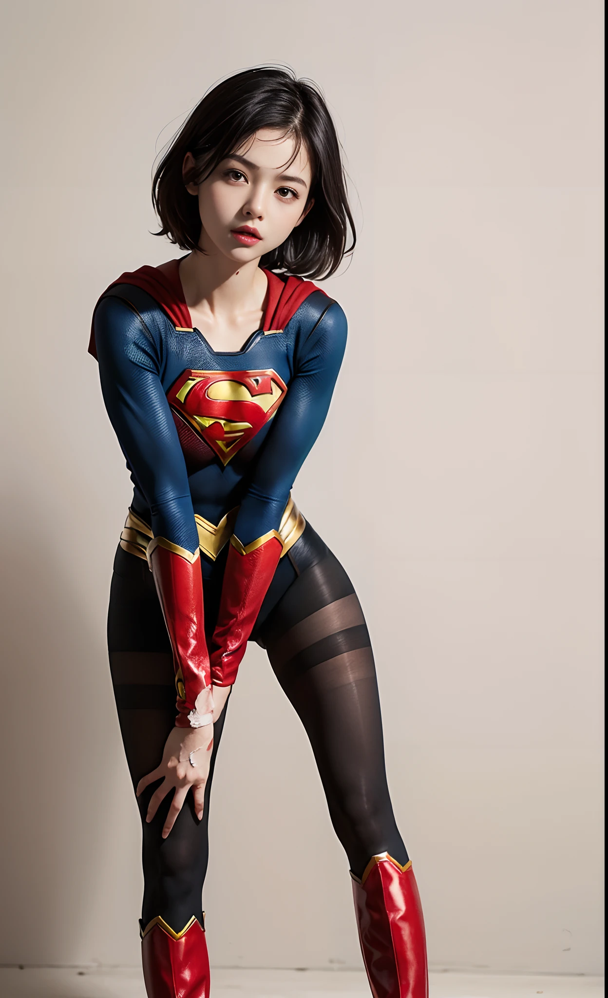 He always has a pained look on his face、A look that is sure to suffer、Weakness of the face、Inevitably a dead face、A fighting beautiful girl who always spits blood from her mouth、japanes、Cute Beautiful Girl、(((Wear black tights on your beautiful legs.)))、(((beauty legs)))、(((Open thighs)))、((((Make the most of the original image)))、(((Supergirl Costume)))、(((Beautiful hair with short cuts)))、(((Injured)))、(((Be sure to wear black tights on your feet)))、(((You need to wear red boots)))、((Top image quality、8K))、((top-quality、8K、masterpiece:1.3))、(((Keep your background simple)))、Crisp focus:1.2、Beautiful woman with perfect body shape:1.4、Slender Abs:1.2、a wet body:1.5、Highly detailed facial and skin texture、8K、Keep your background simple