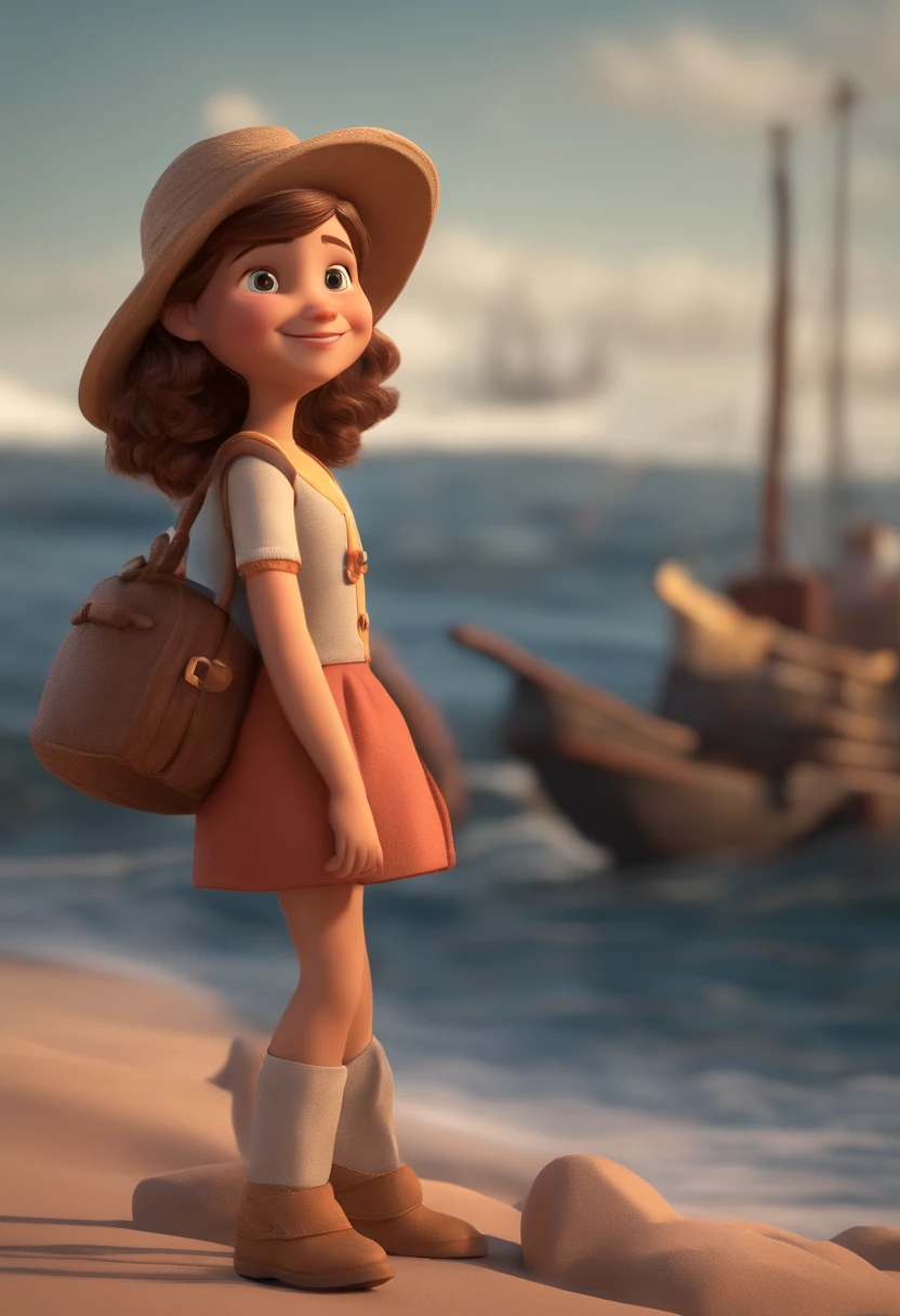 Personagem dos desenhos animados de uma com, sorrindo, Camisa Branca, Looking at the sea animation character, the ship and anchor, Caractere estilizado, animation style rendering, 3D estilizado, Arnold Maya render, 3 d render stylized, toon render keyshot, Personagem 3D, Personagem 3D, 3d rendering stylized, 3 d character render, personagem de desenho animado, Personagem de close up, Pose de personagem, (Estilo Pixar) (master part:1.2) (Bokeh) (best quality) (pele detalhada) (textura detalhada) (8k) (argila) (Cinematic lighting) (foco nítido