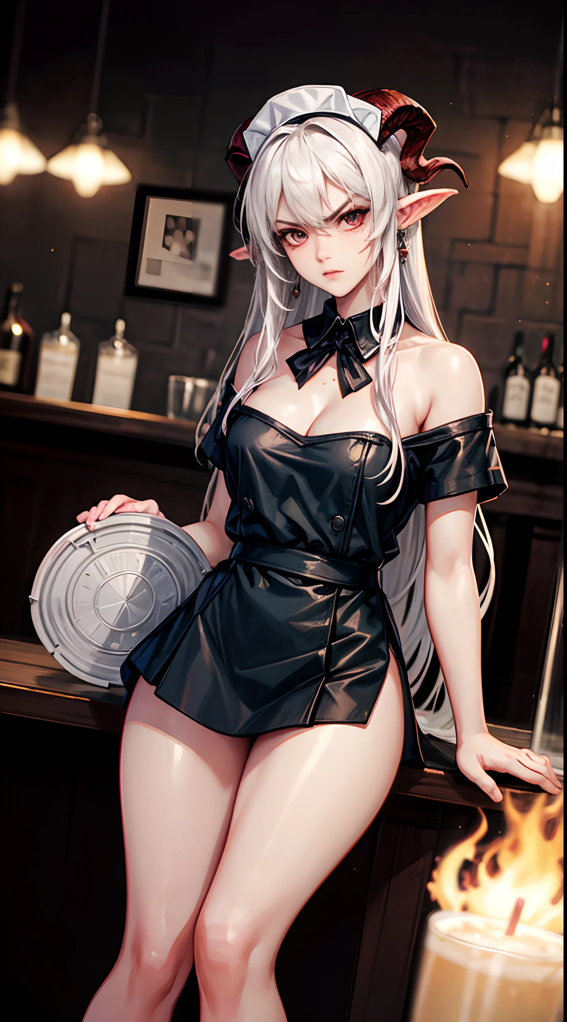 (working in a bar as waitress, wearing waitress dress:1.3), (feeling angry:1.3), female devil with the horns, fire as background, White color hair, Off-the-shoulder attire, masterpiece, (high detail, high quality:1.2), Rough face, seductive, sexy pose, fashion model posing, Large breasts, Natural skin, beautiful eyes, (Detailed face and eyes:1.2), (the face: 1 2), noises, Extra, real photograph, PSD, Lamp film photography, sharp focus, contrasty lighting, Delicate skin, High resolution 8K, insanely details, realistic-lying, professional photo shooting, 8K UHD, SLR camera, soft lighting, high high quality, film-grain, Fuji film XT3