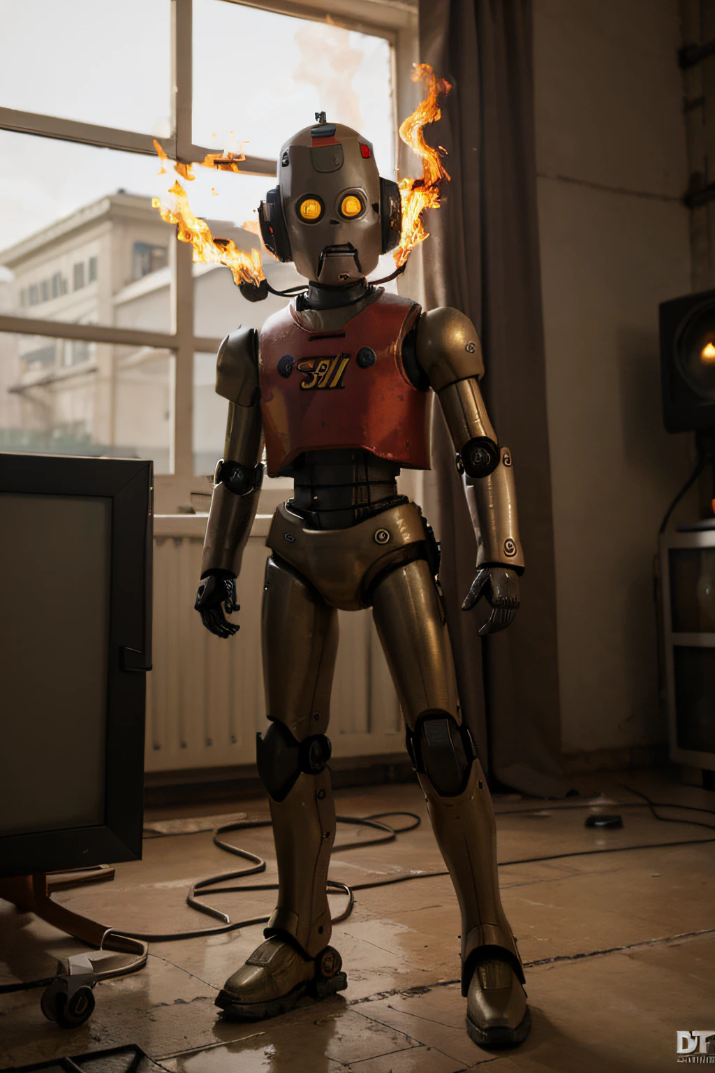 A toon Crazy whit a Only RED Eye Robot CCCP Soviet, and sEport team, tongs in hands, Tv head, pinhead, camouflage Rusty Whitew Yellow, Ambient in a inferno dantes, soft lighting, focused on the character, 4K resolution, photorealistic rendering,