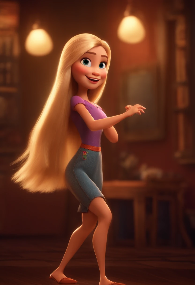 Pixar style image with 3D character blonde woman long straight hair dancing, Maquiagem Disney,Pescador, bonitinho, sorridente ,Close-up, Pixar, Disney, Cinema lighting,
