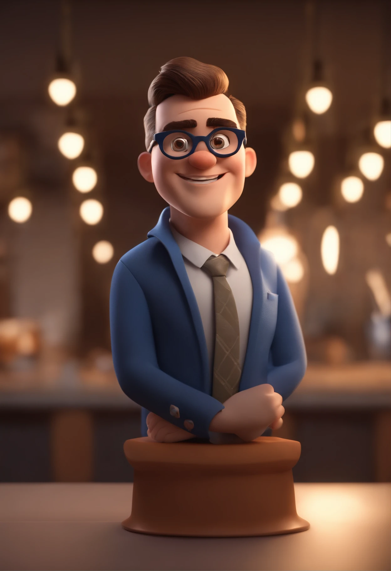 Cartoon character of a man wearing black glasses and a blue shirt, um personagem animado, Caractere estilizado, animation style rendering, 3D estilizado, Arnold Maya render, 3 d render stylized, toon render keyshot, Personagem 3D, Personagem 3D, 3d rendering stylized, 3 d character render, personagem de desenho animado, Personagem de close up, Pose de personagem, (Estilo Pixar) (master part:1.2) (Bokeh) (best quality) (pele detalhada) (textura detalhada) (8k) (argila) (Cinematic lighting) (foco nítido,Senta e vaza a parte superior do corpo