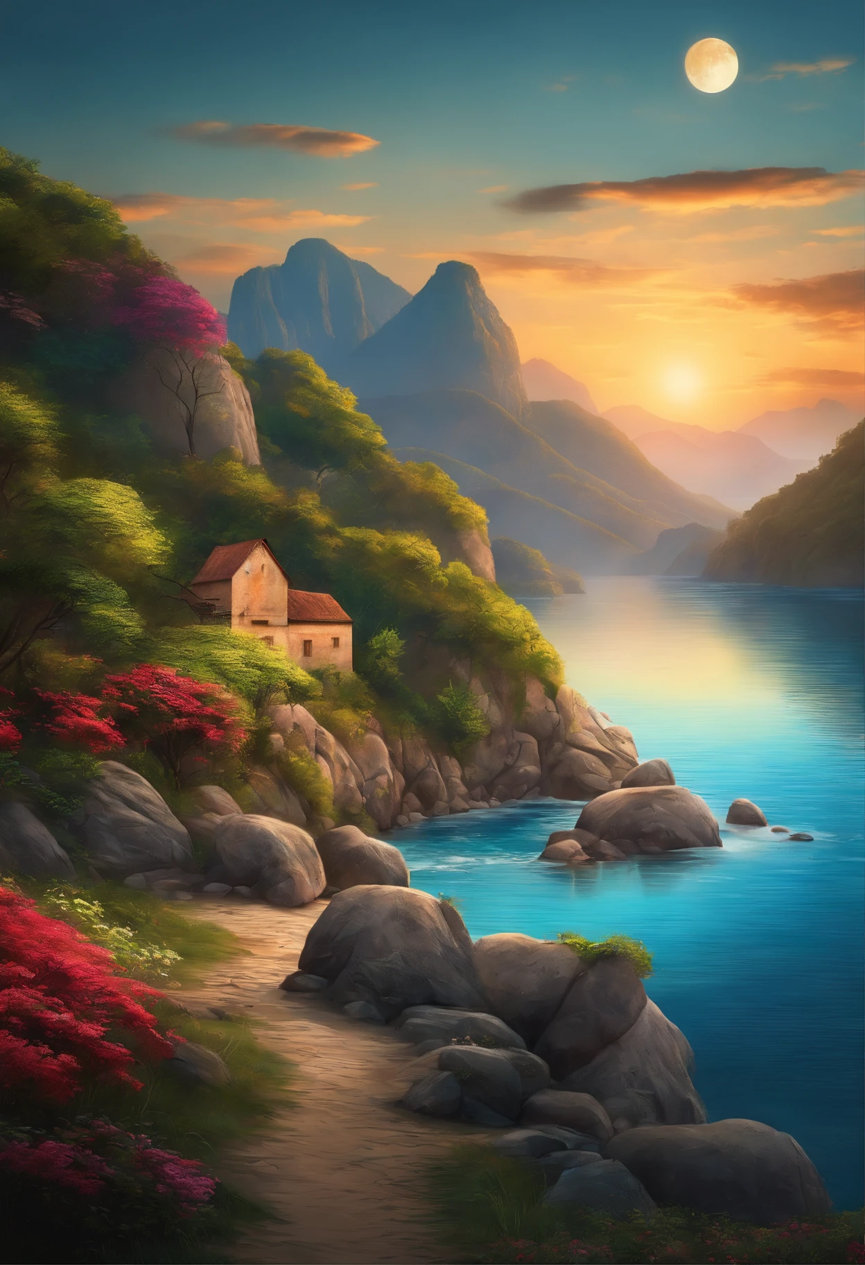 Desenhe um rio com uma pequena aldeia, anime bela cena de paz, Paisagem muito bonita, arte de paisagem, Detail of landscape art, arte digital muito bonita, Beleza da Paisagem Natural, Arte bonita UHD 4K, fotos muito bonitas, Natureza Bonita, papel de parede de paisagem, natureza realmente bonita, bela arte digital, fundo bonito, cerejeiras em flor, estilo anime