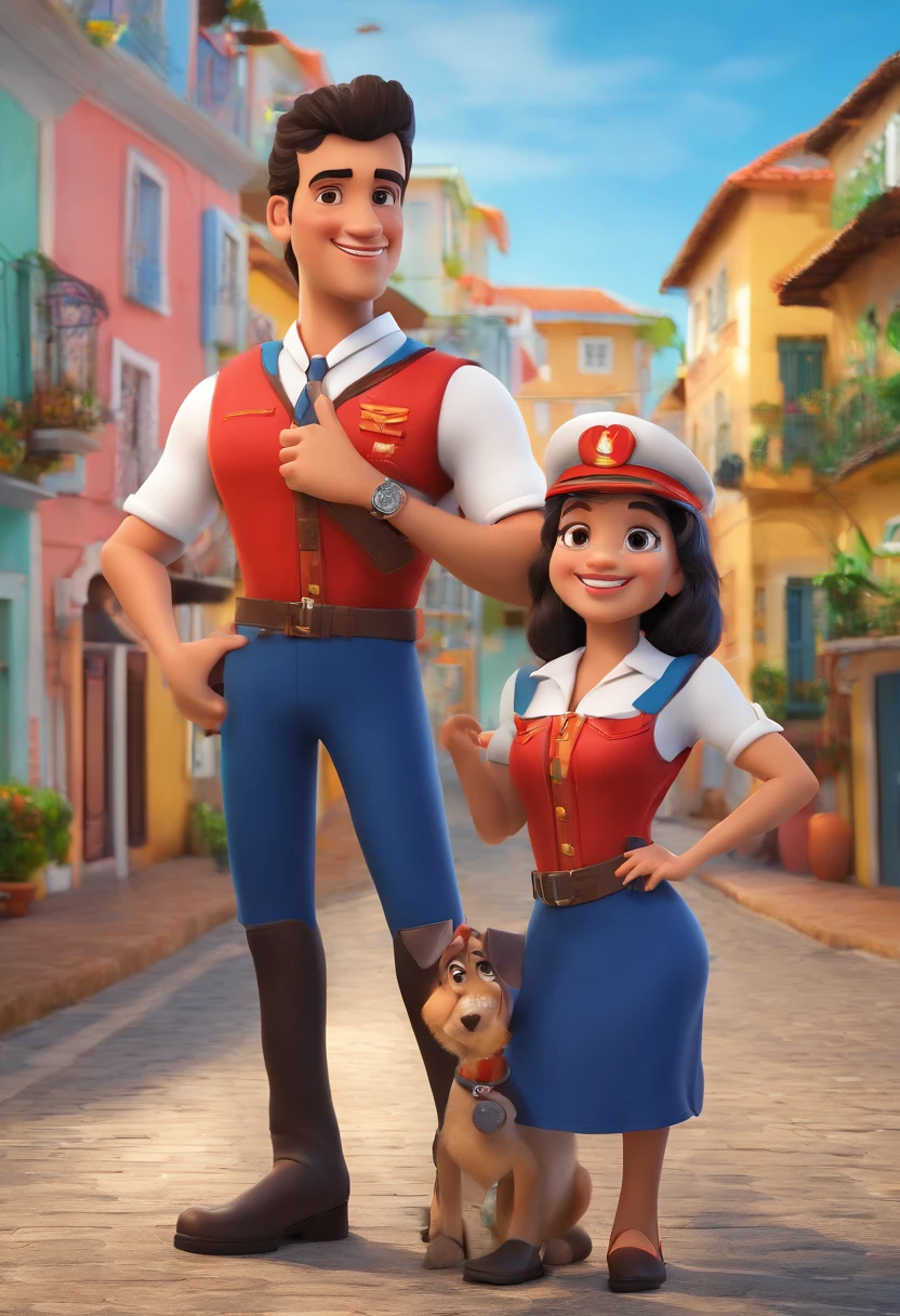 "An illustration of an adorable couple, apresentando um alegre, rechonchudo, Mulatto man with glasses and a white-skinned woman with beautiful eyes, de Vidros Expressivos. O homem tem pele mulata e cabelos cacheados, enquanto a mulher tem pele branca e cabelos Pretos lisos. They are wearing the characteristic navy blue uniforms of the Municipal Guard of Feira de Santana, bahia. Atingem um exuberante, austero, e poses imponentes, com um carro patrulha azul marinho e Lagoa Grande, as well as buildings in the background. Illustrate this scene from a perspective where they are facing the camera, sorridente, and showing your connection. Create this artwork in Full HD, Focus on a cinematic touch, no estilo da Disney Pixar Animations. A legenda inferior diz Disney / Pixar, Guarda Municipal de Feira de Santana
