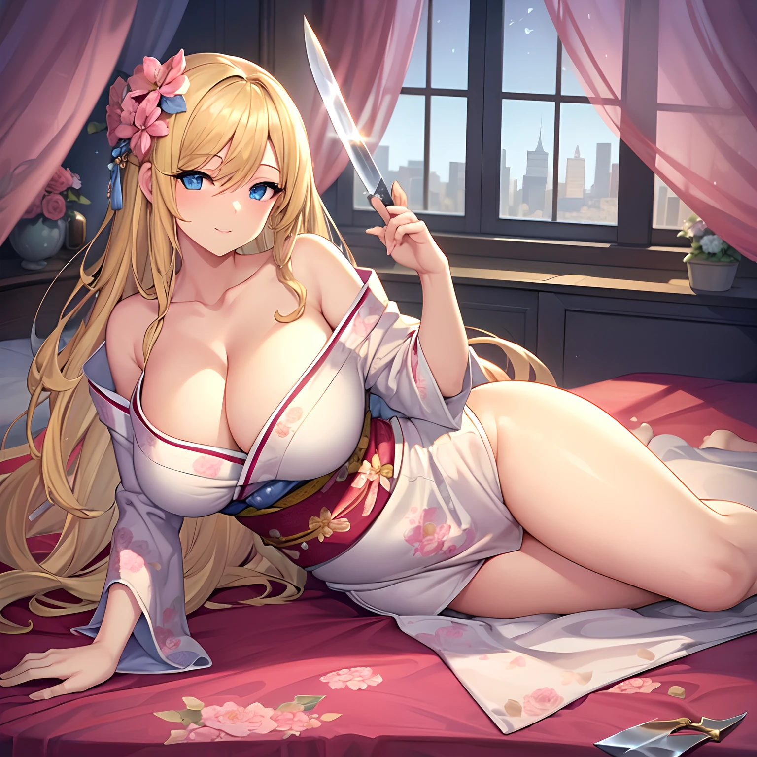 Masterpiece, Best Quality, (((Solo mature woman))), (((long blonde hair))),  (((wide hips))), (((beautiful blue eyes))), full lips, seductive smile, large chest, curvy, sexy, ((on bed)) (((wearing pink with white floral kimono))), [Janet], [Alice],  (((solo))), (((alone))), ((huge boobs)), (cleavage), tarot cards on bed, red curtains, messy hair, curly hair, perfect hourglass figure, cityscape in window, (((knife))), thick thighs, (((ready to breed)))