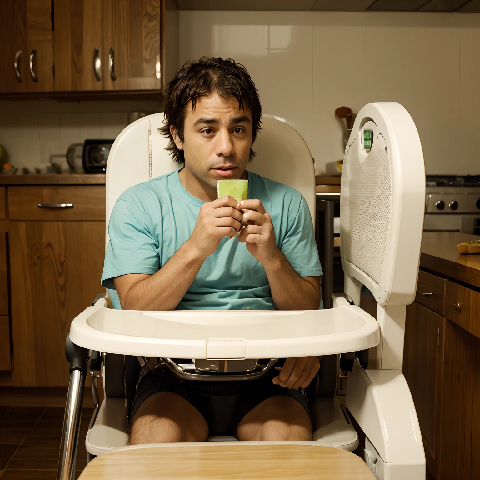 Joe Rogan eating applesauce in a children’s high chair