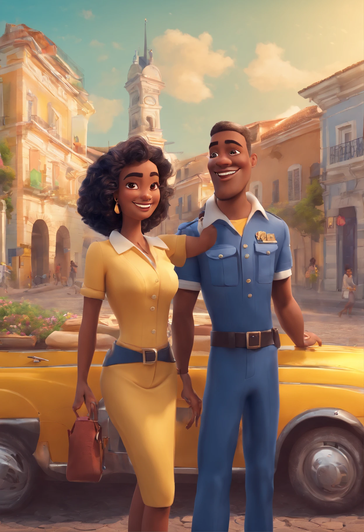 "An illustration of an adorable couple, apresentando um alegre, rechonchudo, Mulatto man with glasses and a white-skinned woman with beautiful eyes, de Vidros Expressivos. O homem tem pele mulata e cabelos cacheados, enquanto a mulher tem pele branca e cabelos Pretos lisos. They are wearing the characteristic navy blue uniforms of the Municipal Guard of Feira de Santana, bahia. Atingem um exuberante, austero, e poses imponentes, com um carro patrulha azul marinho e Lagoa Grande, as well as buildings in the background. Illustrate this scene from a perspective where they are facing the camera, sorridente, and showing your connection. Create this artwork in Full HD, Focus on a cinematic touch, no estilo da Disney Pixar Animations. A legenda inferior diz Disney / Pixar, Guarda Municipal de Feira de Santana