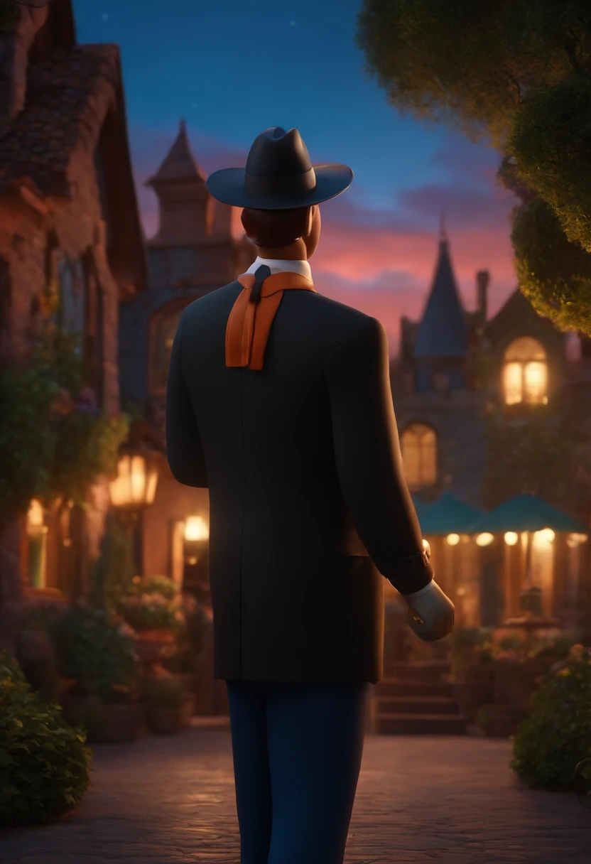 Um filme inspirado na Disney Pixar (Homem pardo com nariz de palhaco preto  roupa social, cartola preta) dentro A cena estar na arte distinta do estilo PIXAR, descolada e estilosa