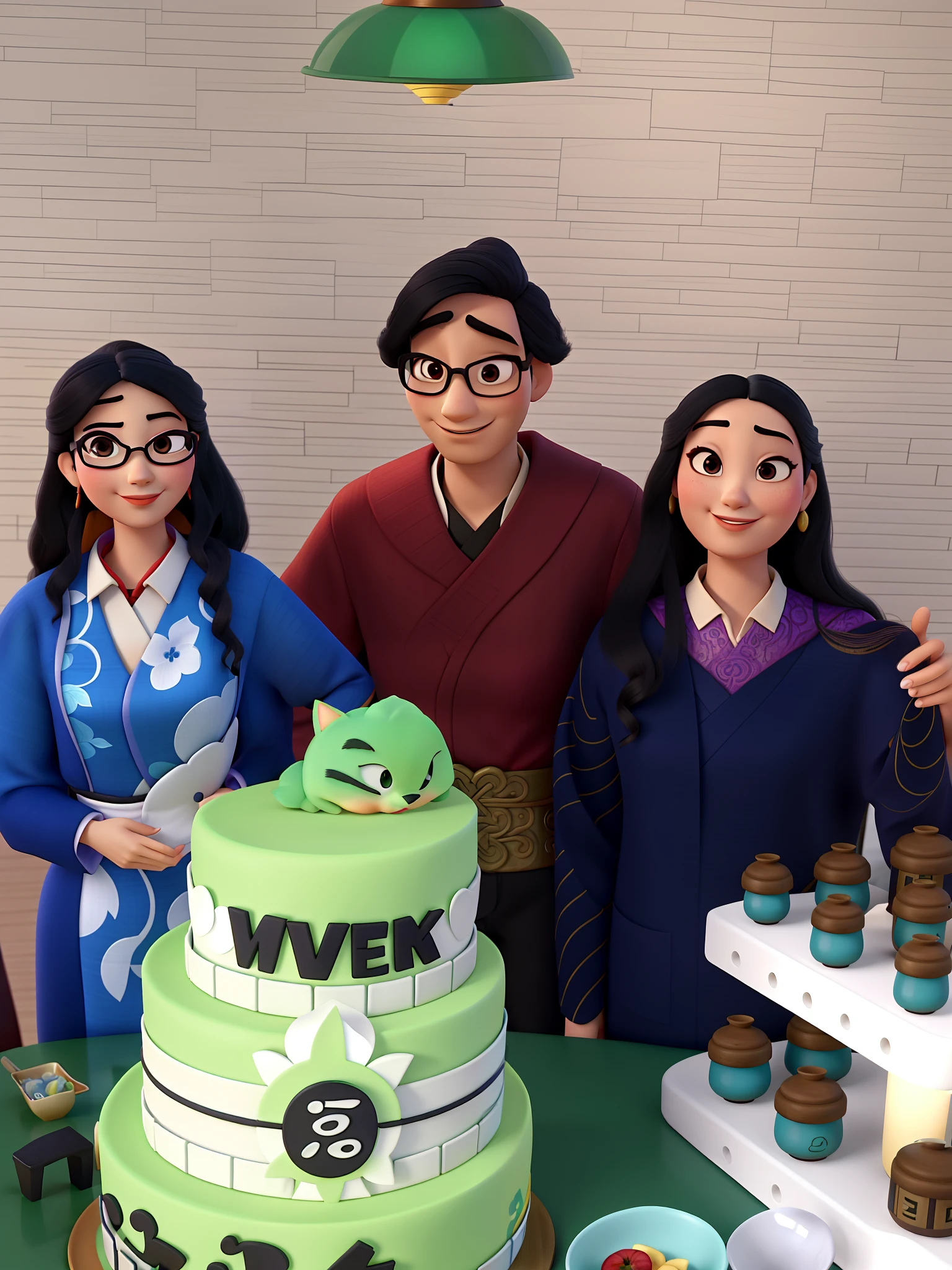 Two Oriental Woman One Glasses One Oriental Man Disney Pixar Style, alta qualidade, melhor qualidade