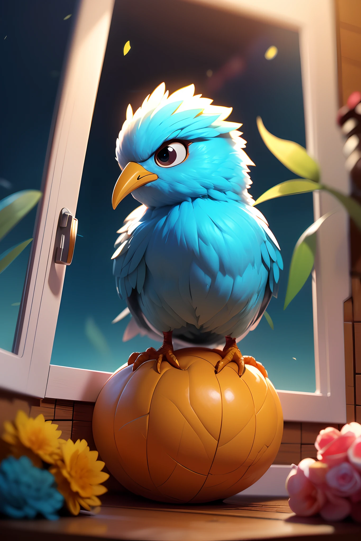 (best quality, hyper-realistic, 8K, ultra HD), (Pixar style, Disney style, Cinema 4D), Create a stunning 8K ultra HD illustration that brings Benny, a small bird with bright blue feathers and a melodious voice, to life. Render Benny in a hyper-realistic style, paying homage to both Pixar and Disney's iconic animation styles, using the power of Cinema 4D to capture every intricate detail of this charming character perched gracefully on a windowsill.