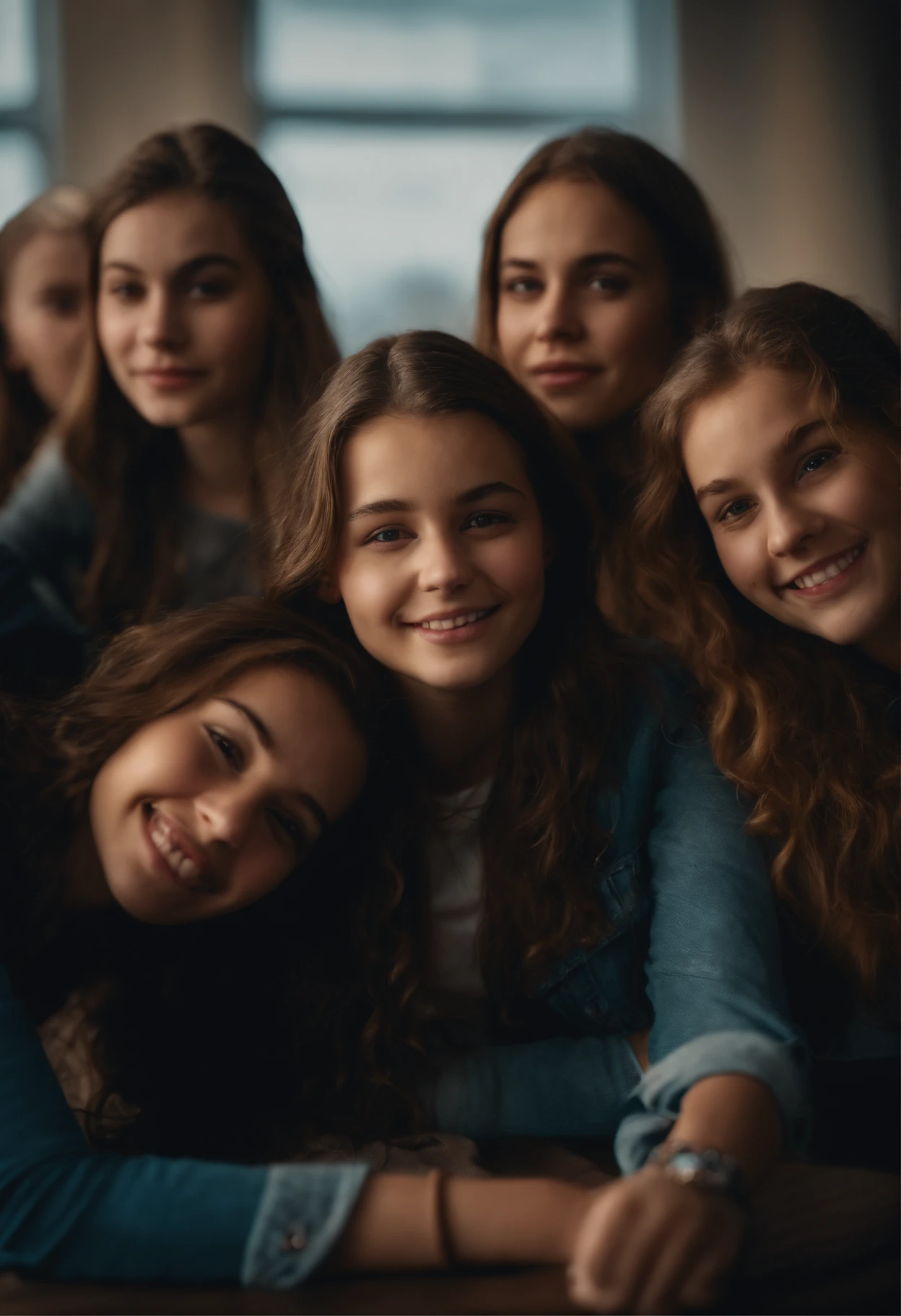 Teenage girls, group picture , hyper realistic, 15 years old, having fun