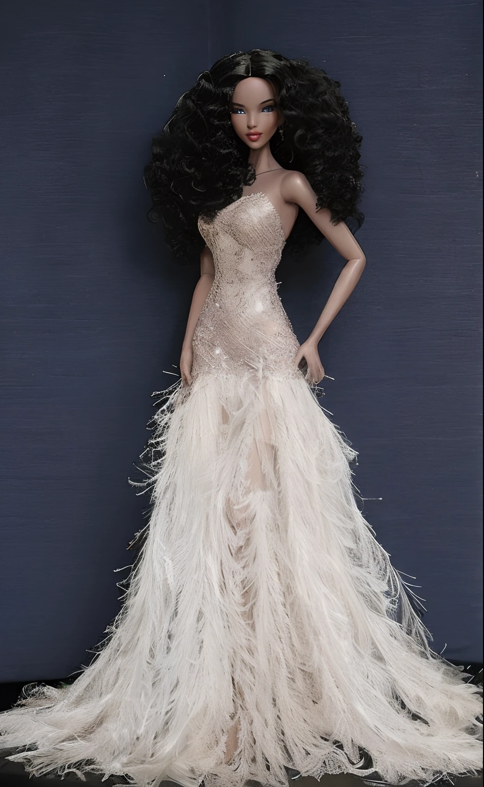 Um close up de uma boneca Barbie usando um vestido longo com penas, vestido feito de penas, vestido vestido bonito vestido, usando um vestido de penas, usando um vestido de noite, vestido intrincado, usando um vestido de ouro gossamer, vestido extravagante, fluttering dress, wearing a magnificent dress, fantasia vestido longo intrincado, um vestido intrincado, !!! alta moda!!!, vestido detalhado e rosto