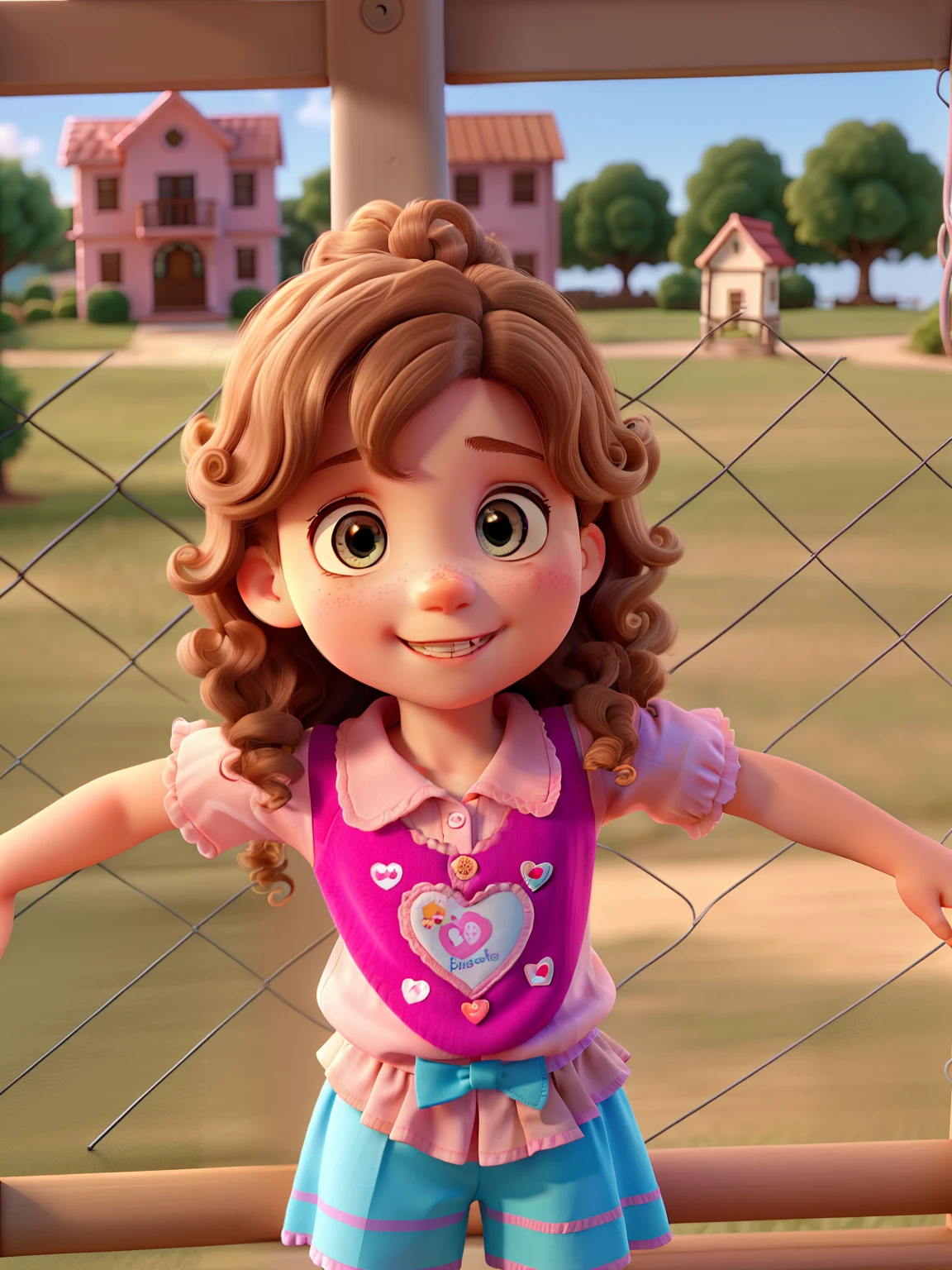 white  girl, 3 yearsht brown hair, curly hair, Pink blouse with hearts, and light blue skirt