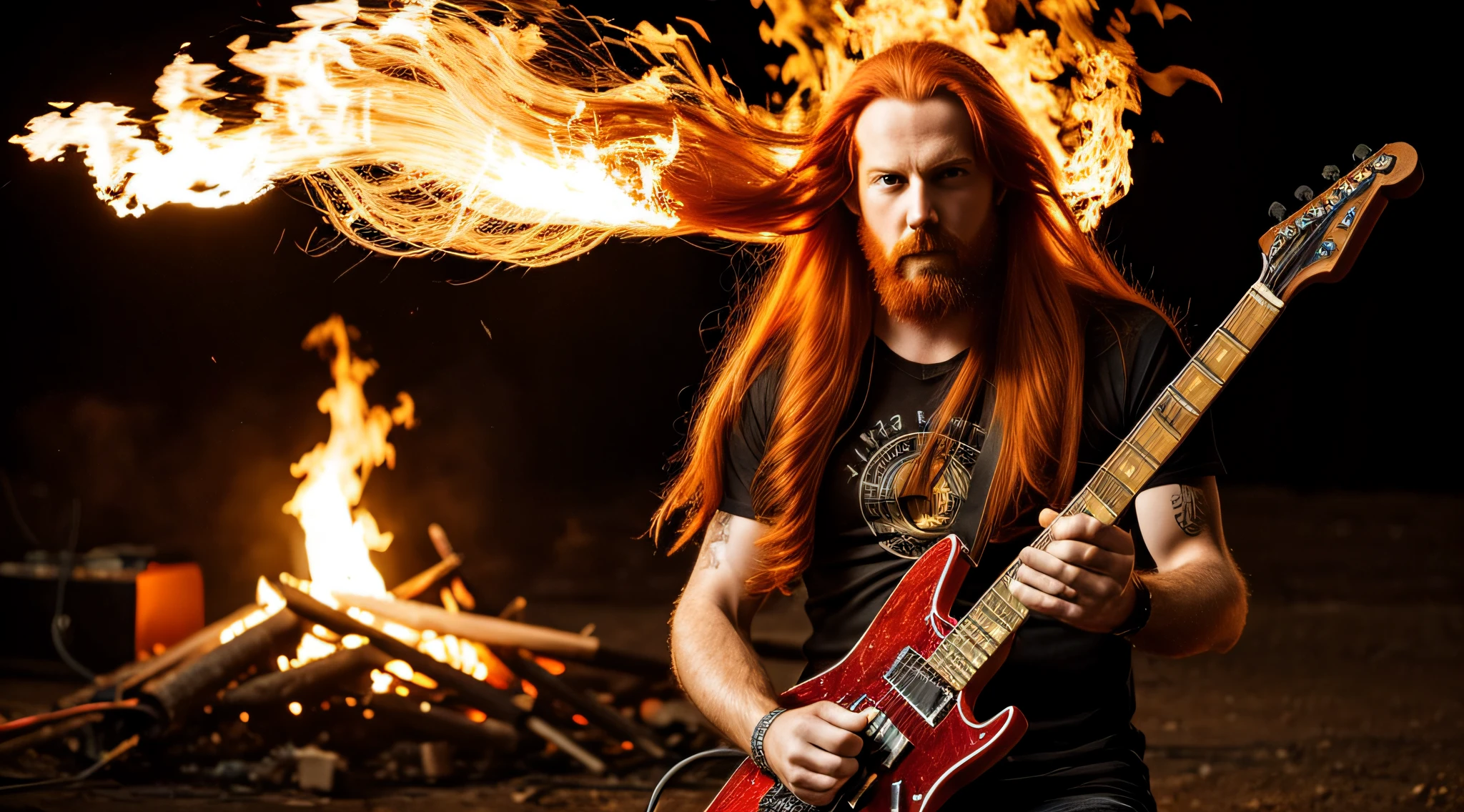 Man with long red hair holding two electric guitars. FOGO, FIRE, EXPLOSION.