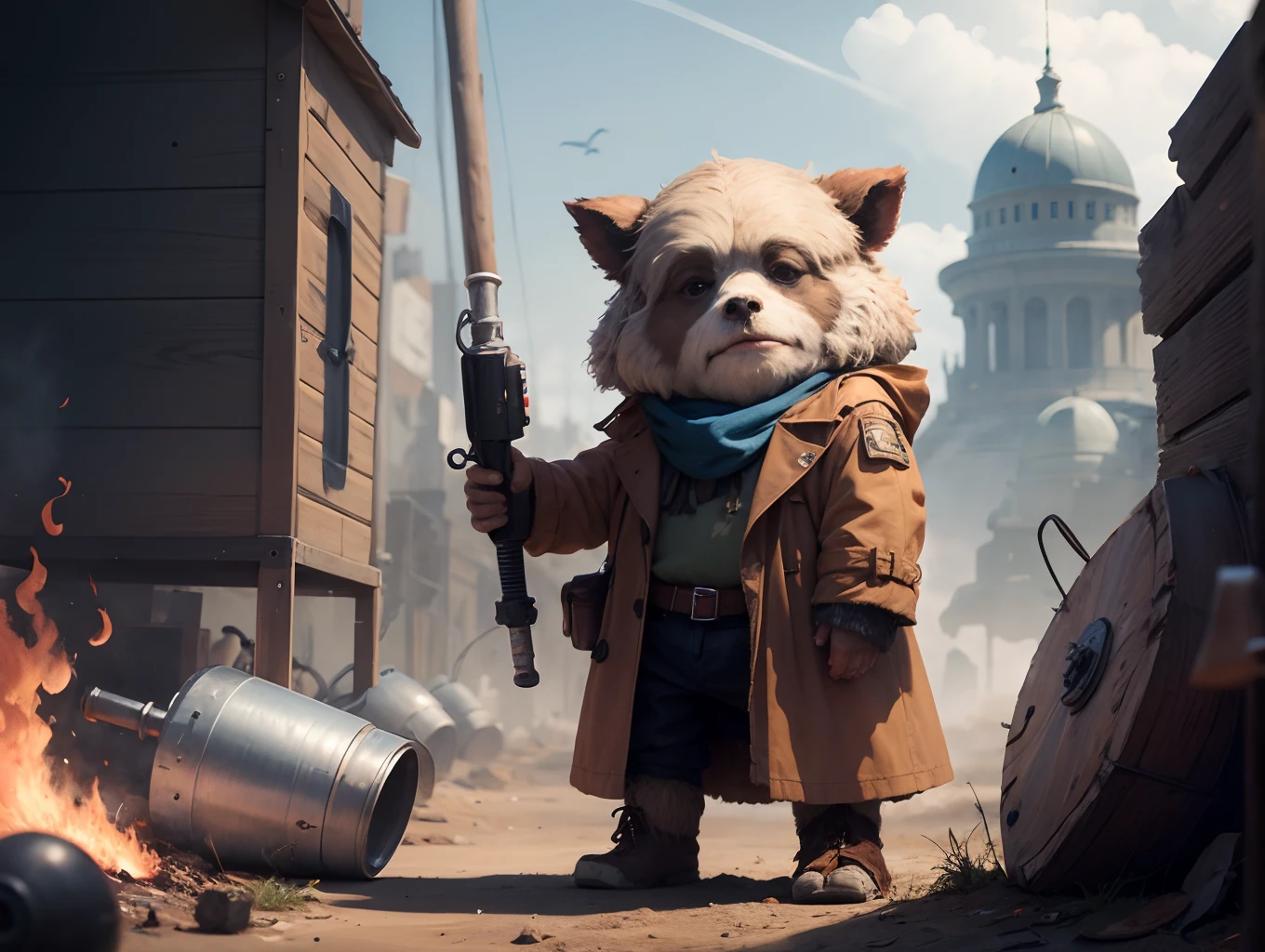 Ewok with a trench coat and a prosthetic arm holding a bomb