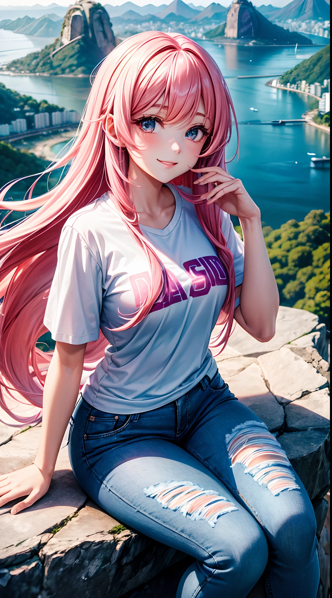 A beautiful girl sitting in front of a rock on top of sugarloaf mountain looking at the viewer with long pink hair with beautiful smile with a beautiful landscape of the city of Rio de Janeiro at night with the best quality 4k with the white clothes with name on the shirt love river with jeans