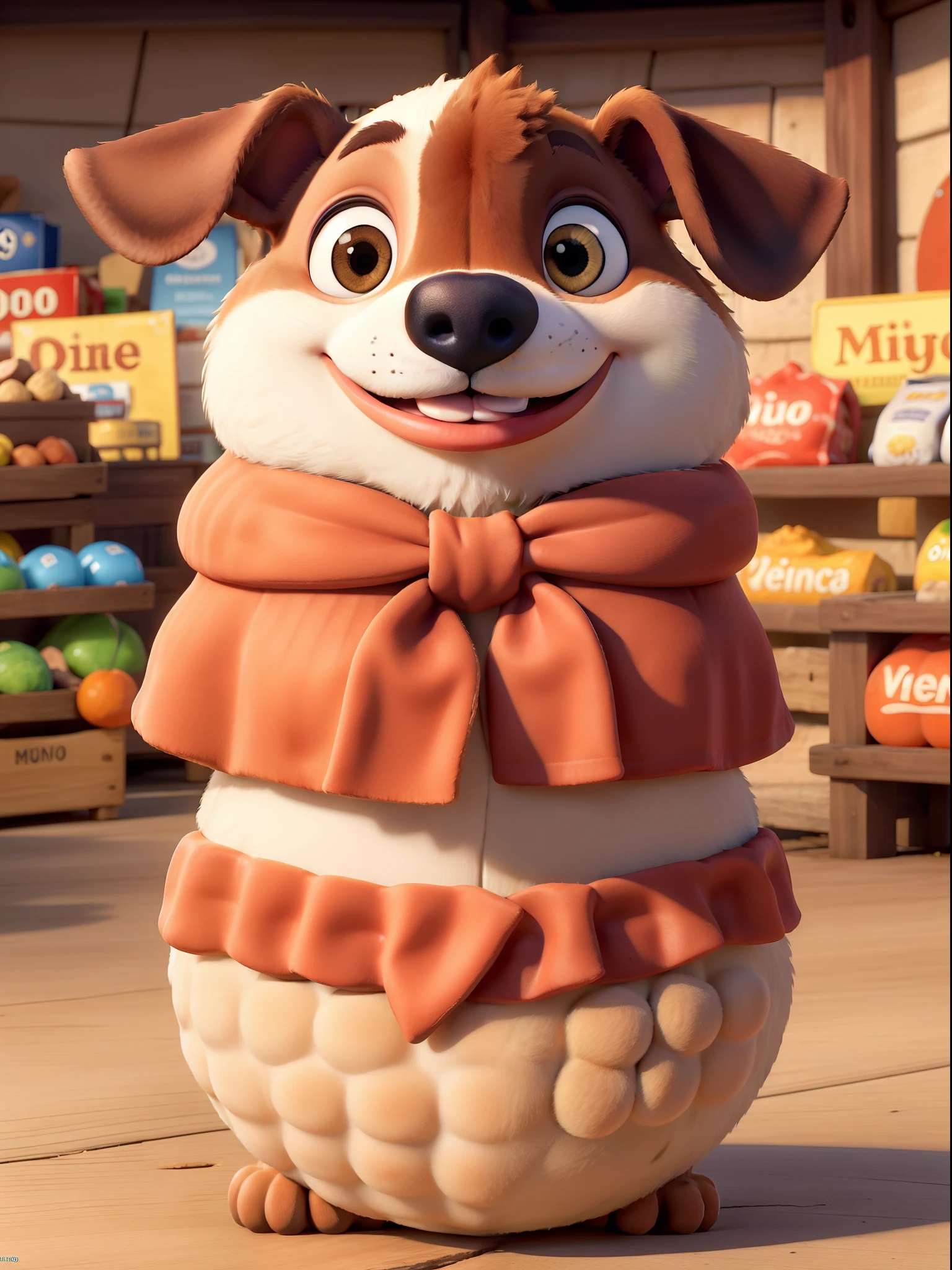 obra-prima, melhor qualidade, magem : An adorable Disney dog (por exemplo, Pluto) in a feed store, with a cheerful and curious expression. O fundo da imagem deve ser focado, Focusing on the Dog and Dog Food Products. It has to have the title "Uma Ajuda para Nossos Amigos Peludos",e abaixo adicionar um slogan como "Your donation makes a difference in their lives." Tendo o Design : Use cheerful and vivid orange colors, that convey a sense of optimism and affection.