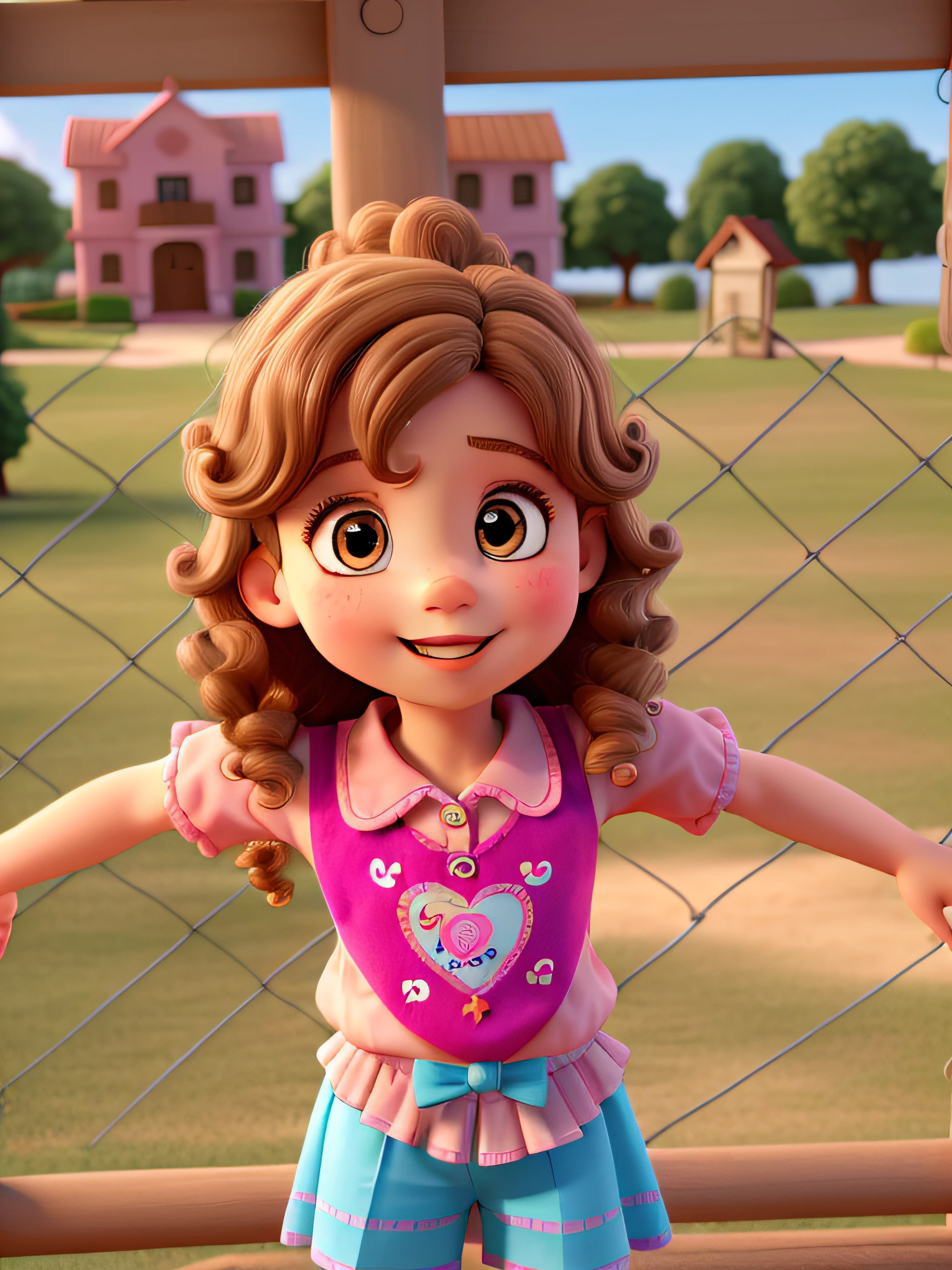 white child girl, 3 years old, light brown hair, curly hair, Pink blouse with hearts, and light blue skirt