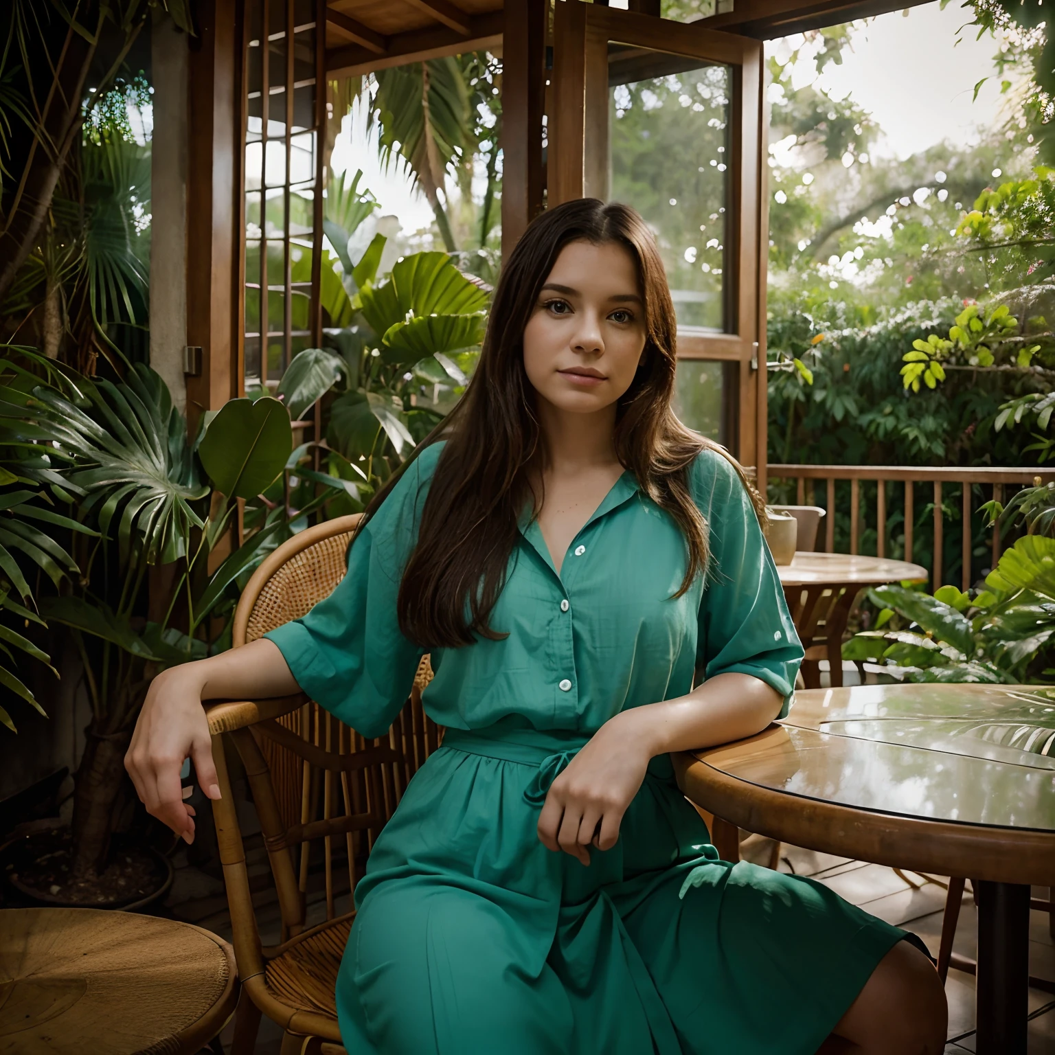 There's a chair on a patio, home fotografia retrato, in the background is lush jungle, Directed by: Lee Loughridge, foto retrato, imagem retrato, Di, casa hobbit, Retrato no meio da foto, against the backdrop of trees.