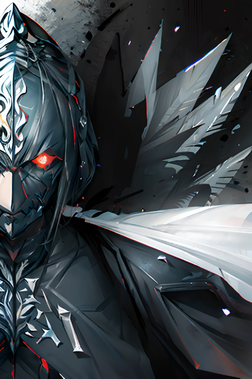 (masterpiece) knight, black and white armor, black hood with shadowed face, glowing white angry eyes,