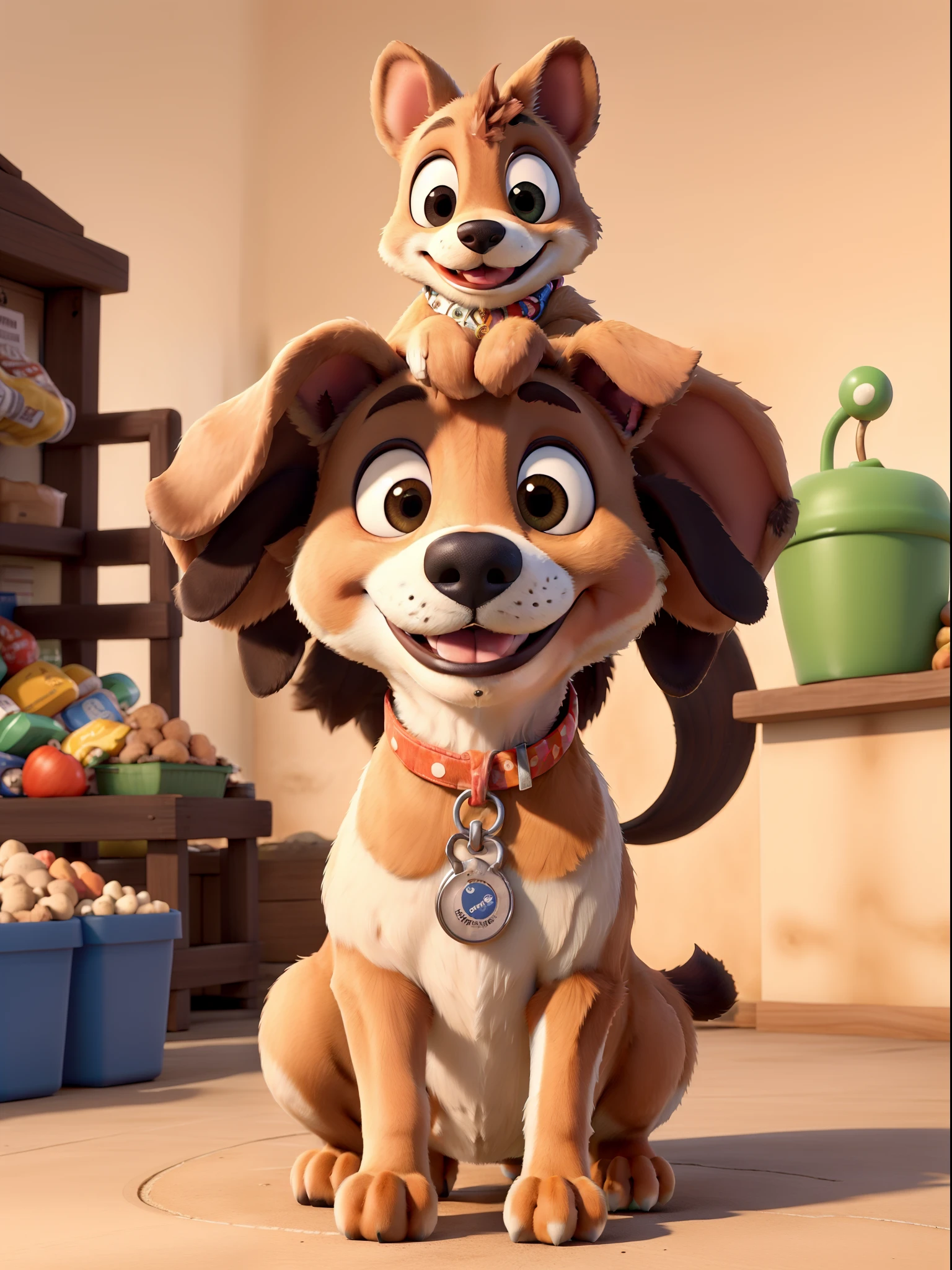 obra-prima, melhor qualidade, magem : An adorable Disney dog (por exemplo, Pluto) in a feed store, with a cheerful and curious expression. O fundo da imagem deve ser focado, Focusing on the Dog and Dog Food Products. It has to have the title "Uma Ajuda para Nossos Amigos Peludos",e abaixo adicionar um slogan como "Your donation makes a difference in their lives." Tendo o Design : Use cheerful and vivid orange colors, that convey a sense of optimism and affection.