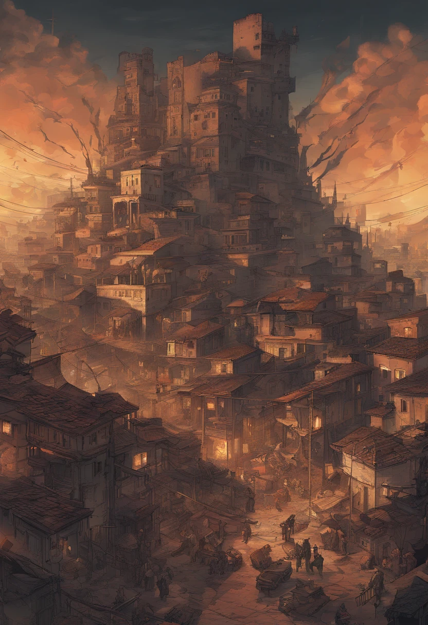 The city is divided into two distinct levels: a opulenta Cidade Alta, com ruas amplas, arquitetura imponente e elites; and the chaotic City of Rats, where gangs fight for survival. The transition between them is abrupt, marked by paved roads that give way to dark alleyways and crumbling buildings. The Rat City is an underworld where gangs and mafias dictate the rules, enquanto a Cidade Alta reflete prosperidade e estabilidade. The city seen from above reveals the duality between opulence and despair, Power and misery, highlighting the struggle for survival and control.