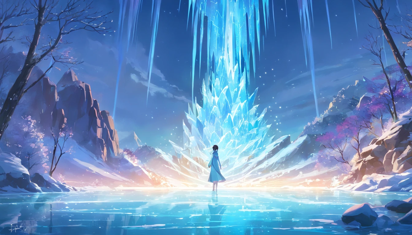 En medio de un lago congelado y rodeado por una cascada de agua helada, The essence of magic takes shape through a man, Her hair is blue as night and her golden eyes are as bright as the energy of the sun. An aura of blue energy emerges from his body in the shape of a bird dancing and surrounding his body. The frozen air that generates your body's energy spirals and dances in a swirling dance of luminous particles like fragments of your ethereal aura. Los cristales de hielo toman forma mientras vuelan por el aire, Su resplandor proyecta una luz misteriosa sobre su intenso enfoque. The scene exudes a sense of ancient power and occult knowledge, como si el lago y la cascada congeladas fueran secretos olvidados hace mucho tiempo. The mood is serene, Mystical and powerful, existe un equilibrio entrelazado entre la naturaleza y la magia. The illustration style captures this mystical aura through detailed digital art, combining intricate lines with vibrant color palettes.