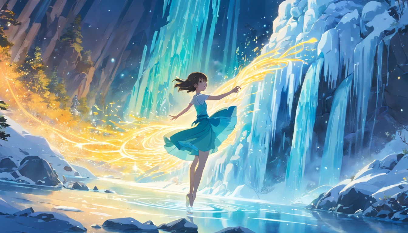 En medio de un lago congelado y rodeado por una cascada de agua helada, The essence of magic takes shape through a man, Her hair is blue as night and her golden eyes are as bright as the energy of the sun. An aura of blue energy emerges from his body in the shape of a bird dancing and surrounding his body. The frozen air that generates your body's energy spirals and dances in a swirling dance of luminous particles like fragments of your ethereal aura. Los cristales de hielo toman forma mientras vuelan por el aire, Su resplandor proyecta una luz misteriosa sobre su intenso enfoque. The scene exudes a sense of ancient power and occult knowledge, como si el lago y la cascada congeladas fueran secretos olvidados hace mucho tiempo. The mood is serene, Mystical and powerful, existe un equilibrio entrelazado entre la naturaleza y la magia. The illustration style captures this mystical aura through detailed digital art, combining intricate lines with vibrant color palettes.
