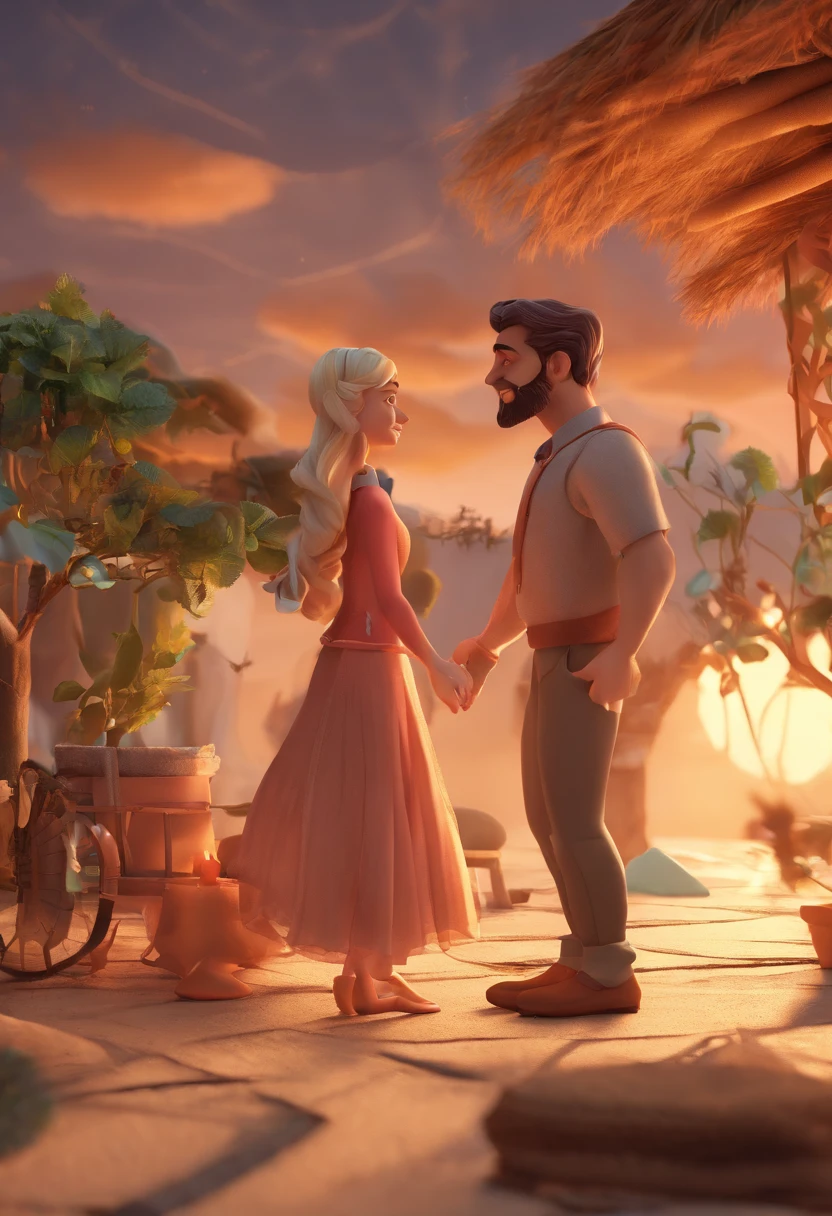An illustration of an adorable couple, Destacando um homem e uma mulher com beleza, Expressive eyes – the man's hair is bald and brown and he has a full beard, While the woman's hair is tied up in a bun and blonde. They are a bright space, Todos com um sorriso no rosto, e compartilhe um momento especial, That is marked by love, viagem, and pedagogical insights. Ilustre esta cena a partir de uma perspectiva, where they're facing away from the camera, Show Your Connection. Desenvolva esta arte em Full HD, Focus on your cinematic touch, Estilo Disney Pixar Animations