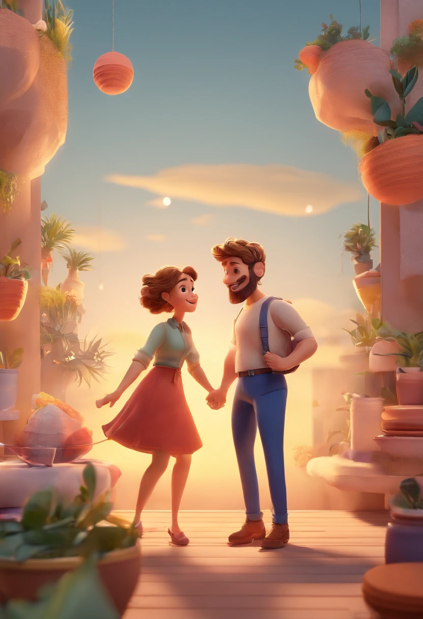 An illustration of an adorable couple, Destacando um homem e uma mulher com beleza, Expressive eyes – the man's hair is bald and brown and he has a full beard, While the woman's hair is tied up in a bun and blonde. They are a bright space, Todos com um sorriso no rosto, e compartilhe um momento especial, That is marked by love, viagem, and pedagogical insights. Ilustre esta cena a partir de uma perspectiva, where they're facing away from the camera, Show Your Connection. Desenvolva esta arte em Full HD, Focus on your cinematic touch, Estilo Disney Pixar Animations