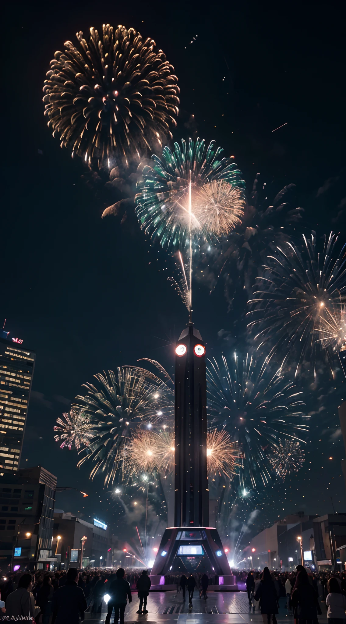 Create an ultra-realistic image of a crowd of people and robots in a futuristic city square. Everyone must be looking in the same direction with fireworks shooting in the sky. Use uma paleta de cores predominantemente roxa. A imagem deve ter um 9:Ratio 16. Seja detalhado e realista. Use very high-quality textures, Sombras e efeitos.