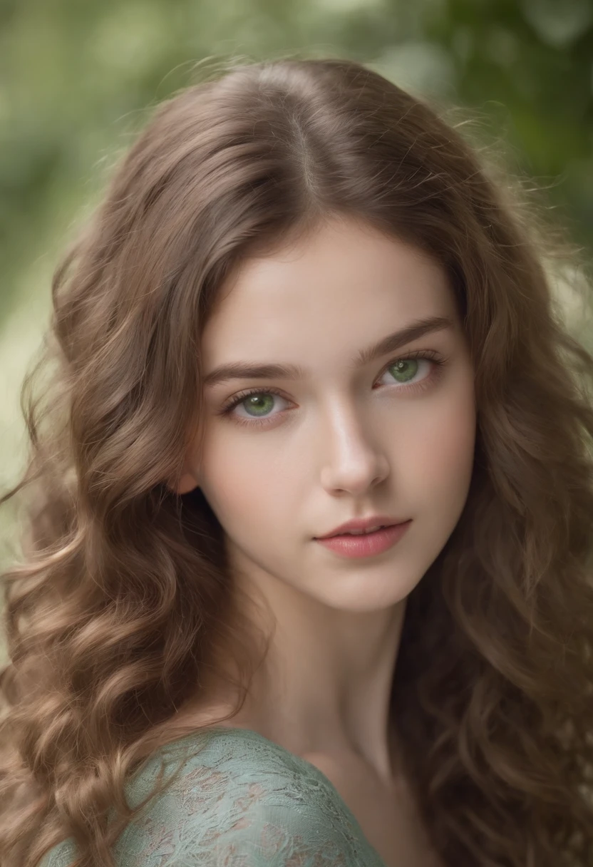 fair complexion,  around 14 years old, natural curly brown hair, distinctive green eyes, slender and graceful, beautiful, home setting, ultra sharp focus, realistic shot, trendy female clothes,