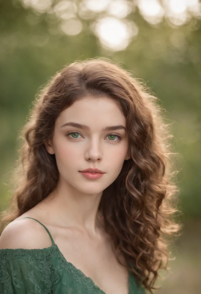 fair complexion,  around , natural curly brown hair, distinctive green eyes, slender and graceful, beautiful, home setting, ultra sharp focus, realistic shot, trendy female clothes,