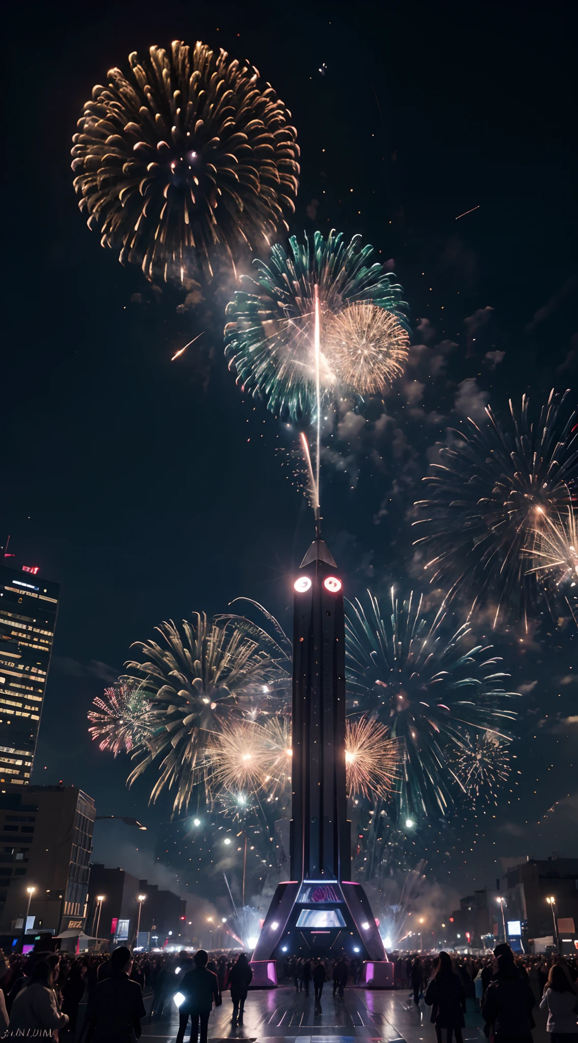 Create an ultra-realistic image of a crowd of people and robots in a futuristic city square. Everyone must be looking in the same direction with fireworks shooting in the sky. Use uma paleta de cores predominantemente roxa. A imagem deve ter um 9:Ratio 16. Seja detalhado e realista. Use very high-quality textures, Sombras e efeitos.