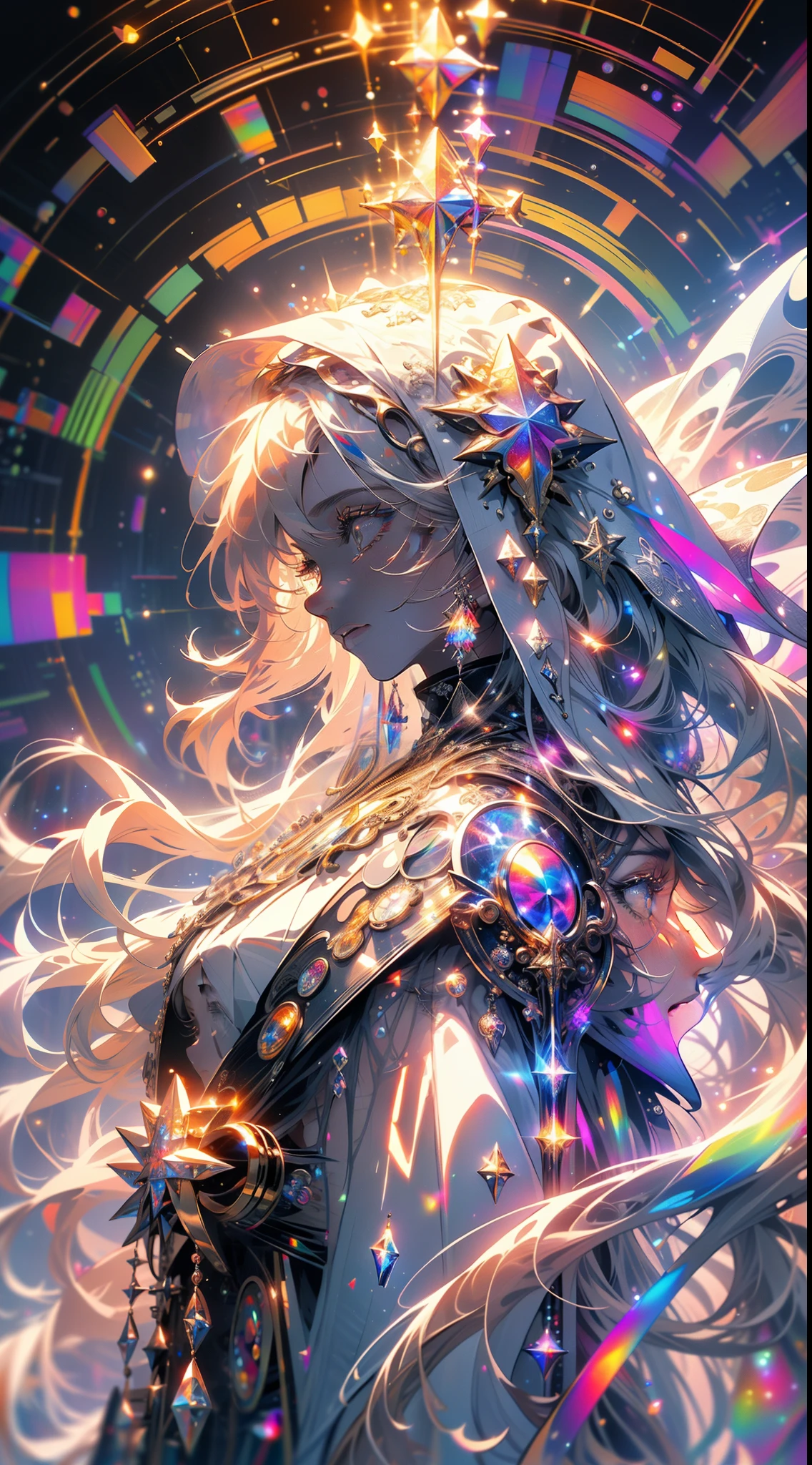 (masterpiece, top quality, best quality, official art, beautiful and aesthetic:1.2), (1girl), extreme detailed, (fractal art:1.3), colorful, highest detailed, perfect face, upper body, HDR, (praying:1.3), (white cloak golden lines:1.2), galaxy, (light streaks), striking visuals, (dynamic streaks, luminous trails:1.2), vibrant colors,