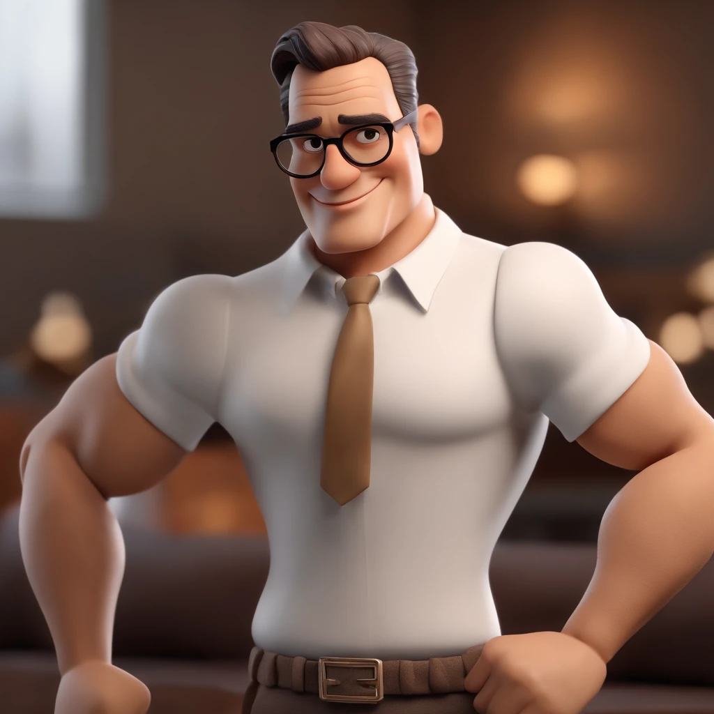 Cartoon character of a man with light gray glasses and a white shirt, cabelos curtos, bigode, cor da pele moreno claro, olhos castanhos, sobrancelhas grossas e sorriso predominante,animation character, Caractere estilizado, animation style rendering, 3D estilizado, Arnold Maya render, 3 d render stylized, toon render keyshot, Personagem 3D, Personagem 3D, 3d rendering stylized, 3 d character render, personagem de desenho animado, Personagem de close up, Pose de personagem, (Estilo Pixar) (master part:1.2) (Bokeh) (best quality) (pele detalhada) (textura detalhada) (8k) (argila) (Cinematic lighting) (foco nítido