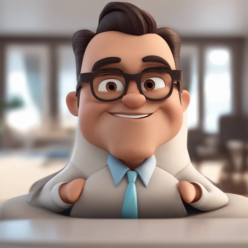 Cartoon character of a man with light gray glasses and a white shirt, cabelos curtos, bigode, cor da pele moreno claro, olhos castanhos, sobrancelhas grossas e sorriso predominante,animation character, Caractere estilizado, animation style rendering, 3D estilizado, Arnold Maya render, 3 d render stylized, toon render keyshot, Personagem 3D, Personagem 3D, 3d rendering stylized, 3 d character render, personagem de desenho animado, Personagem de close up, Pose de personagem, (Estilo Pixar) (master part:1.2) (Bokeh) (best quality) (pele detalhada) (textura detalhada) (8k) (argila) (Cinematic lighting) (foco nítido