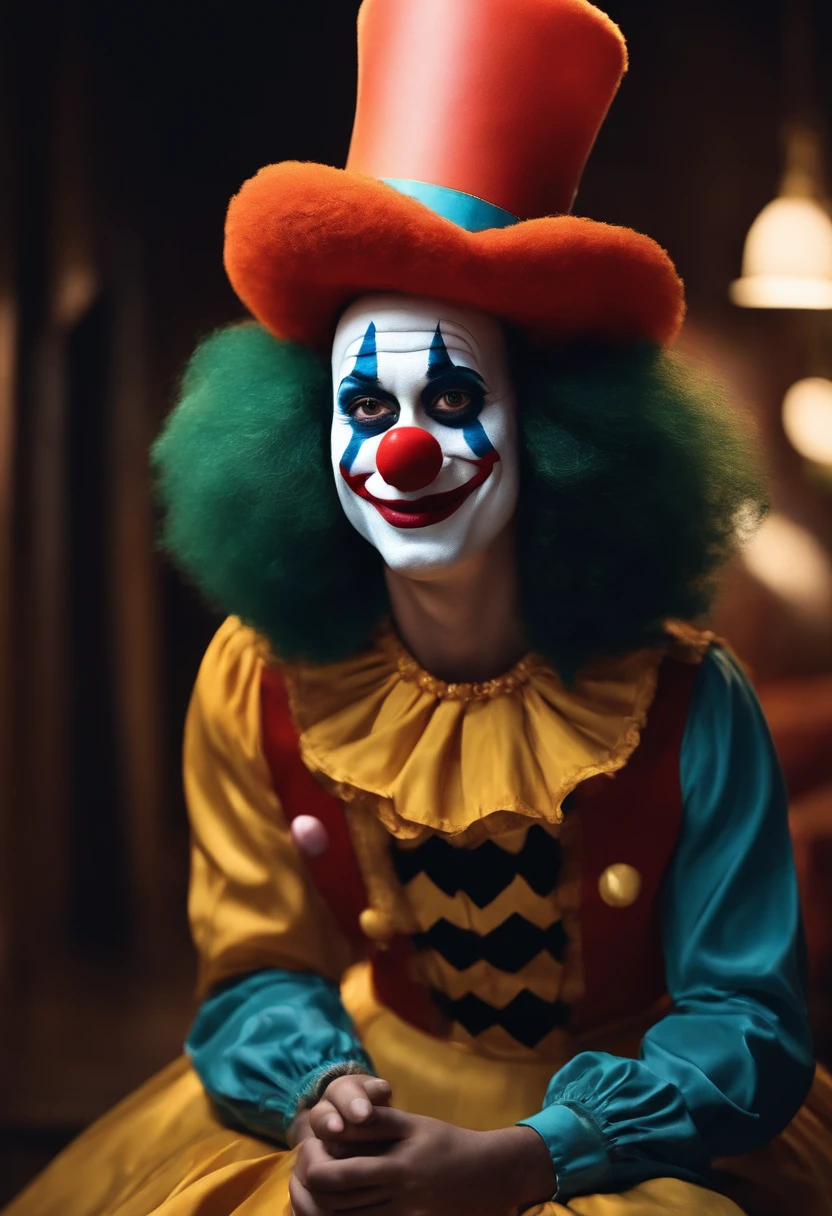 Um filme inspirado na Disney Pixar (HOMEM PARDO JOVEM COM CABELO TOPETE LISO EPRETO, WEARING CLOWN AND CARTILA OUTFIT) dentro A cena estar na arte distinta do estilo PIXAR, descolada e estilosa