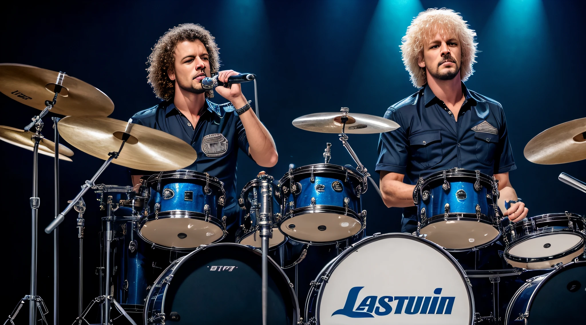 baterista de uniforme azul tocando bateria em frente a um palco, baterista, Laszlo Szabados, tocando bateria, Dustin Lefevre, Boris Valejo, retrato!!!, inspirado em Quirijn van Brekelenkam, matej ‘retro’ jan, bateria, por Dicky Doyle, felix englund, imagem de perfil, blues rock pesado