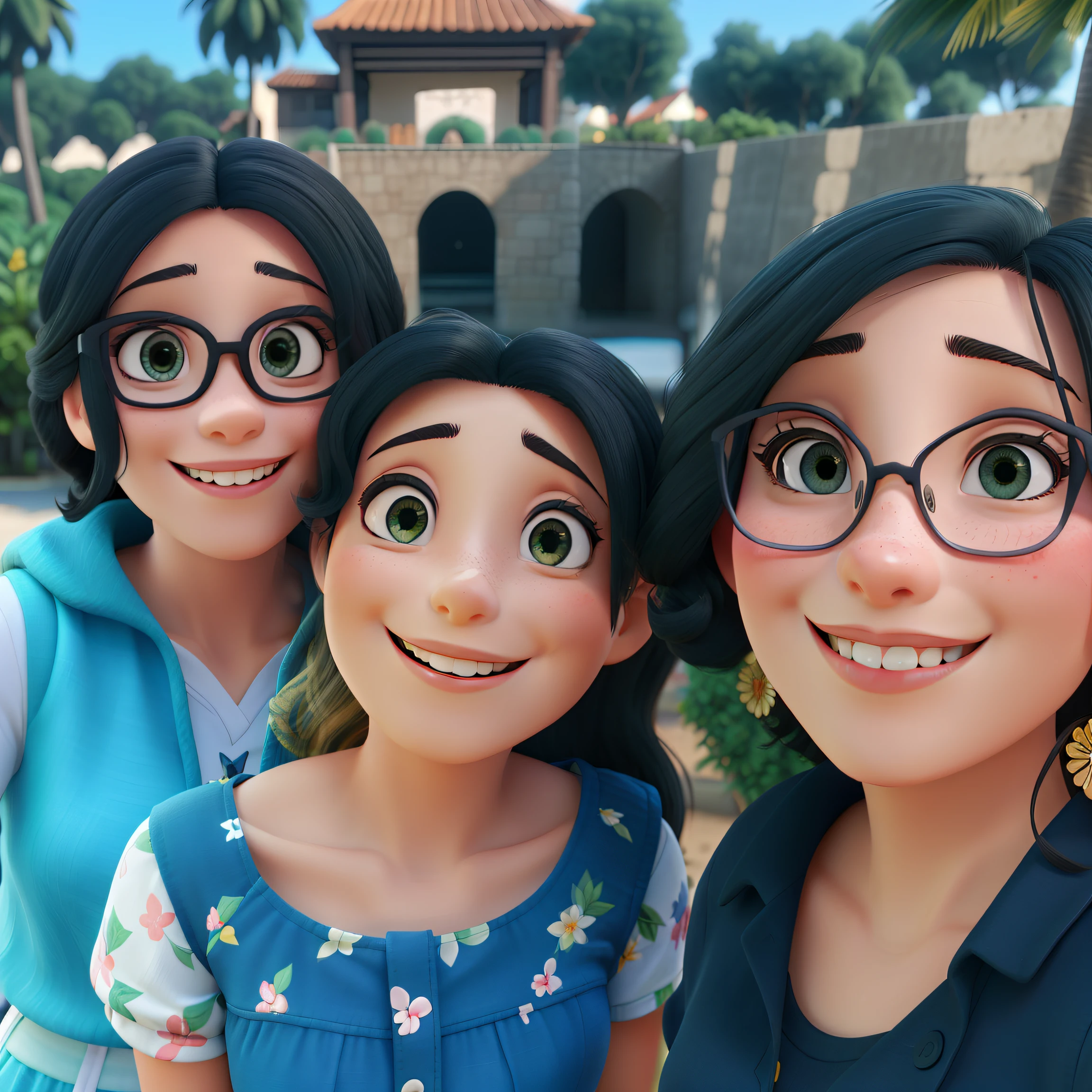 Three beautiful women, sorridentes, 40 anos, cabelo castanho, olhos castanhos escuros,  wearing summer outfit