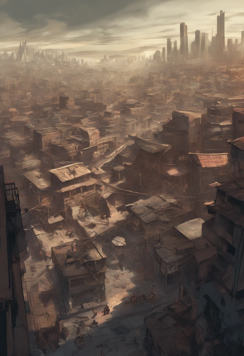 The city is divided into two distinct levels: a opulenta Cidade Alta, com ruas amplas, arquitetura imponente e elites; and the chaotic City of Rats, where gangs fight for survival. The transition between them is abrupt, marked by paved roads that give way to dark alleyways and crumbling buildings. The Rat City is an underworld where gangs and mafias dictate the rules, enquanto a Cidade Alta reflete prosperidade e estabilidade. The city seen from above reveals the duality between opulence and despair, Power and misery, highlighting the struggle for survival and control.