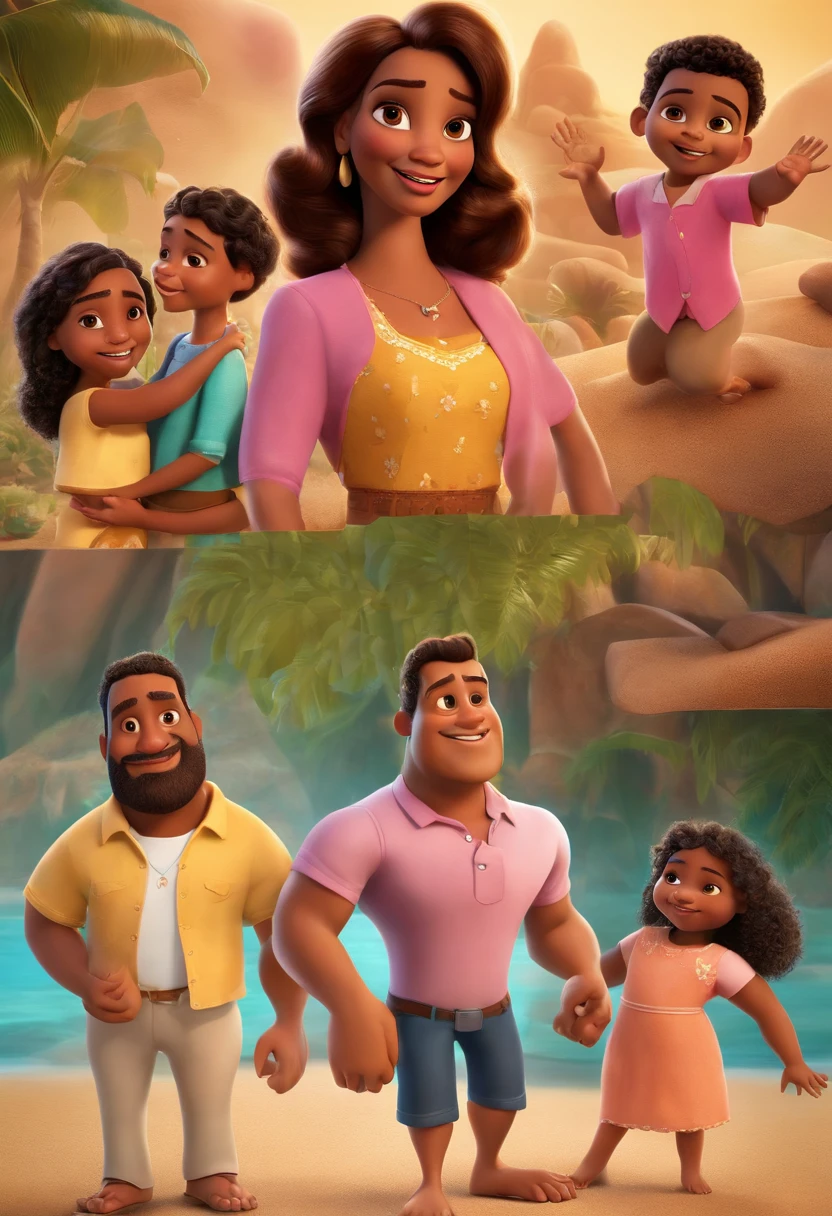 a Disney Pixar movie poster showing a brown-skinned family. The father is of medium height, Tem barba curta grisalho, moreno claro , cabelos curtos . Mom has straight brown eyes and hair, shoulder-length and overweight. A tem 13 anos e cabelos castanhos liso, roupa rosa e rabos de cavalo. The background is a beach garden. 3D-rendering