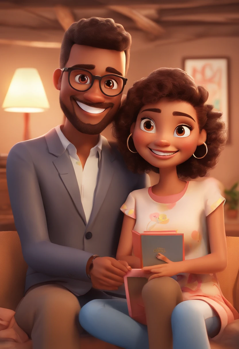 An illustration of an adorable couple, Highlight for a chubby mulatto man with glasses smiling and a brunette woman with beautiful expressive eyes - the man's skin is mulatto and the man's hair haswhile the woman's skin is black and the woman's hair is straight and brown. They are a bright room, cada um com um sorriso no rosto, e compartilhar um momento especial caracterizado pelo amor, Insights. Illustrate this scene from a perspective where they are facing the camera, Smiling and Showing Your Connection. Desenvolva esta arte em Full HD, Focus on your cinematic touch, Estilo Disney Pixar Animations