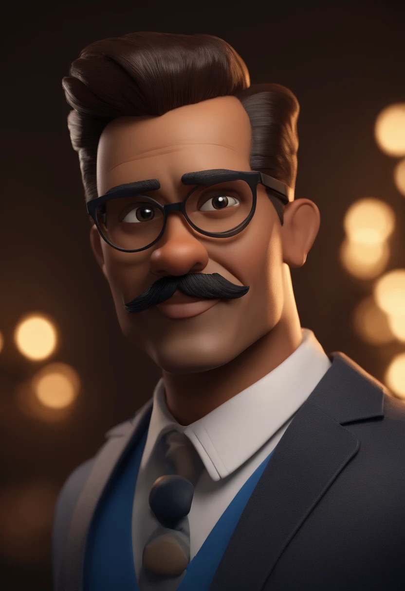 Cartoon character of a brown man with black glasses and a blue dress shirt, animation character, with black clown nose,Caractere estilizado, animation style rendering, 3D estilizado, Arnold Maya render, 3 d render stylized, toon render keyshot, Personagem 3D, Personagem 3D, 3d rendering stylized, 3 d character render, personagem de desenho animado, Personagem de close up, Pose de personagem, (Estilo Pixar) (master part:1.2) (Bokeh) (best quality) (pele detalhada) (textura detalhada) (8k) (argila) (Cinematic lighting) (foco nítido