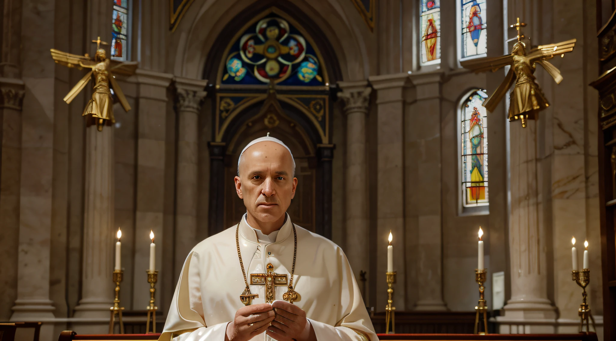 Pope Eugene III, Realistic face, bald hair,, high quality, 4K, Detailed eyes and face, about 50 years old, Mitra Papal, Standing, CLOSE TO THE SCREEN, Golden Tridentine Altar next to him, Ornate Catholic Church, Stained glass windows, Flickering candle light, Religious symbols, Tall marble Columns, Richly decorated decorated altar, Holy atmosphere, Bright colors, Soft lighting, Majestic presence. Priest. A priest in a church. Human hand, very clear without flaws with five fingers, photorealistic, correct eye shape, highly detailed, detailed face, dramatic light.