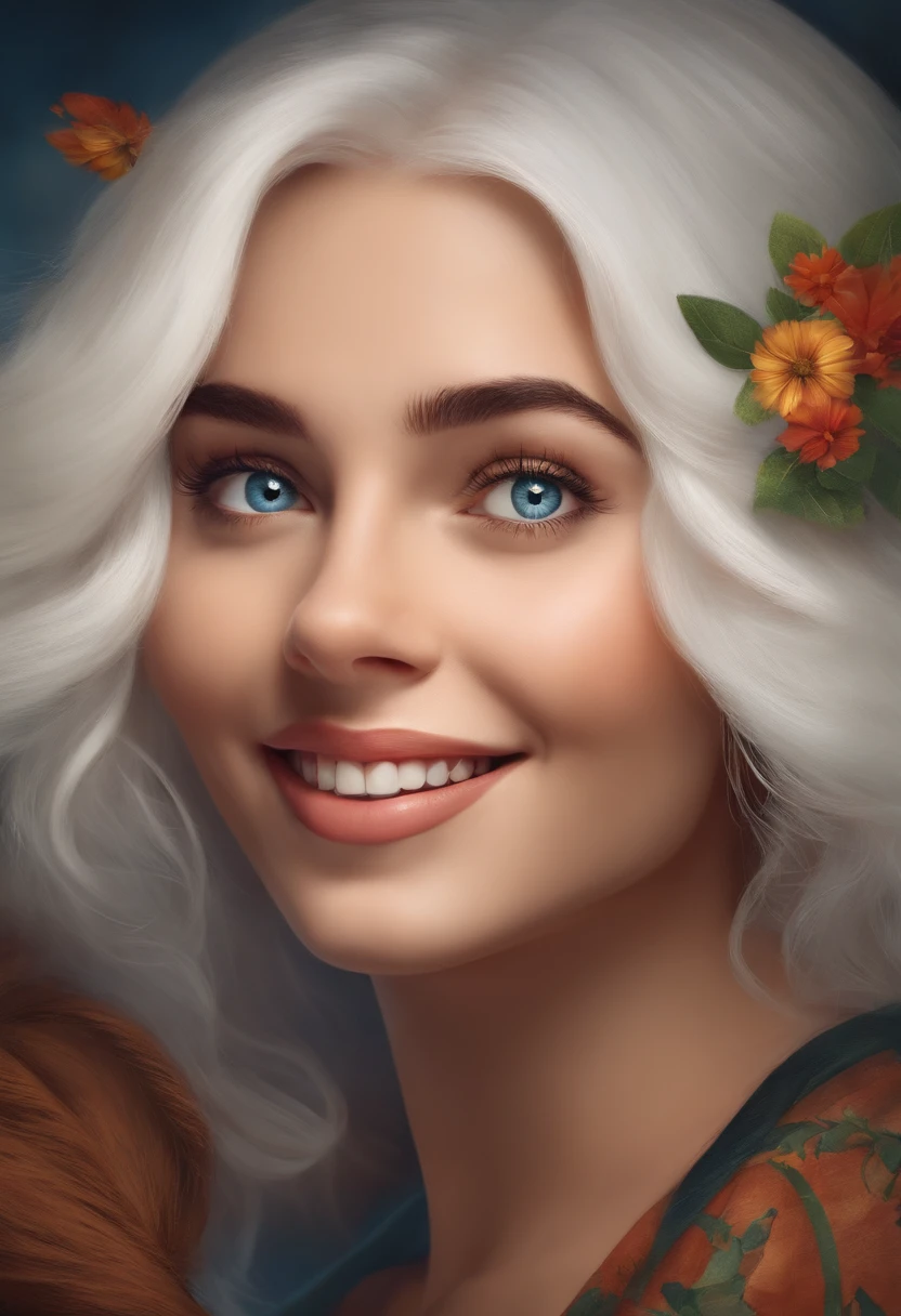 "Disney Pixar-style movie poster featuring a young woman with white hair, curto e cacheado e grandes olhos castanhos. She's smiling and looking ahead. Ela veste camiseta preta justa com mangas longas. The atmosphere is happy and energizing".