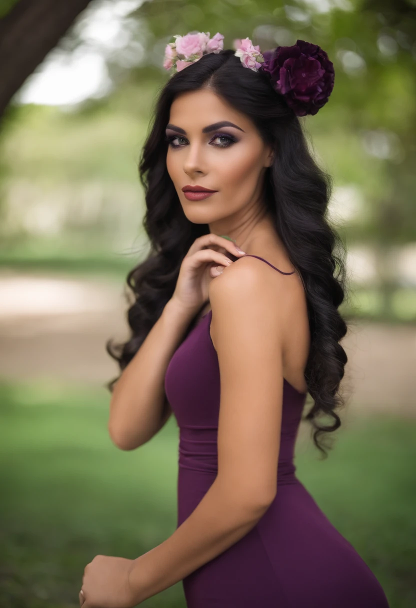Una chica bajita. con una cabeza bastante grande, with light purple skin. sus ojos son grandes y verdes, la pupila tiene una forma cuadrada. She has two buns in her hair that reach down to her feet. Su pelo es largo y de color verde claro opaco. Sus manos sin grandes y de color negro. Her outfit is a little black dress with green accents. Sus zapatos son tenis rojos y negros. She has a girl's look. En el cuello, tiene una bufanda picuda verde. En sus manos tiene vendas verdes. Es un modelo 3d. Estilo amazing digital circus.